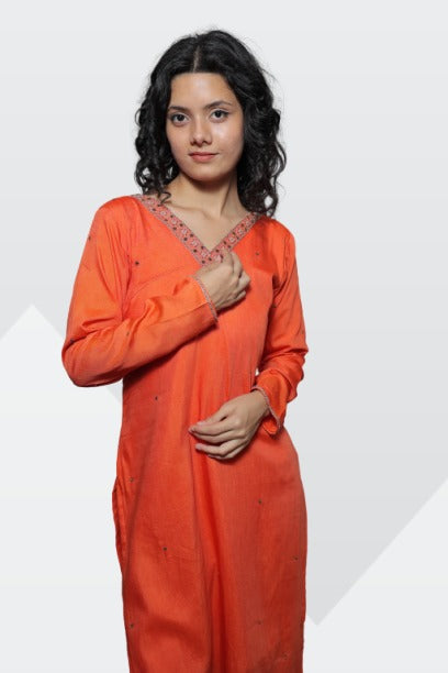 Nawaabiyat Dusty Orange Muslin Kurta Palazzo Set with Contrast Organza Dupatta | Handcrafted Zari & Zardozi