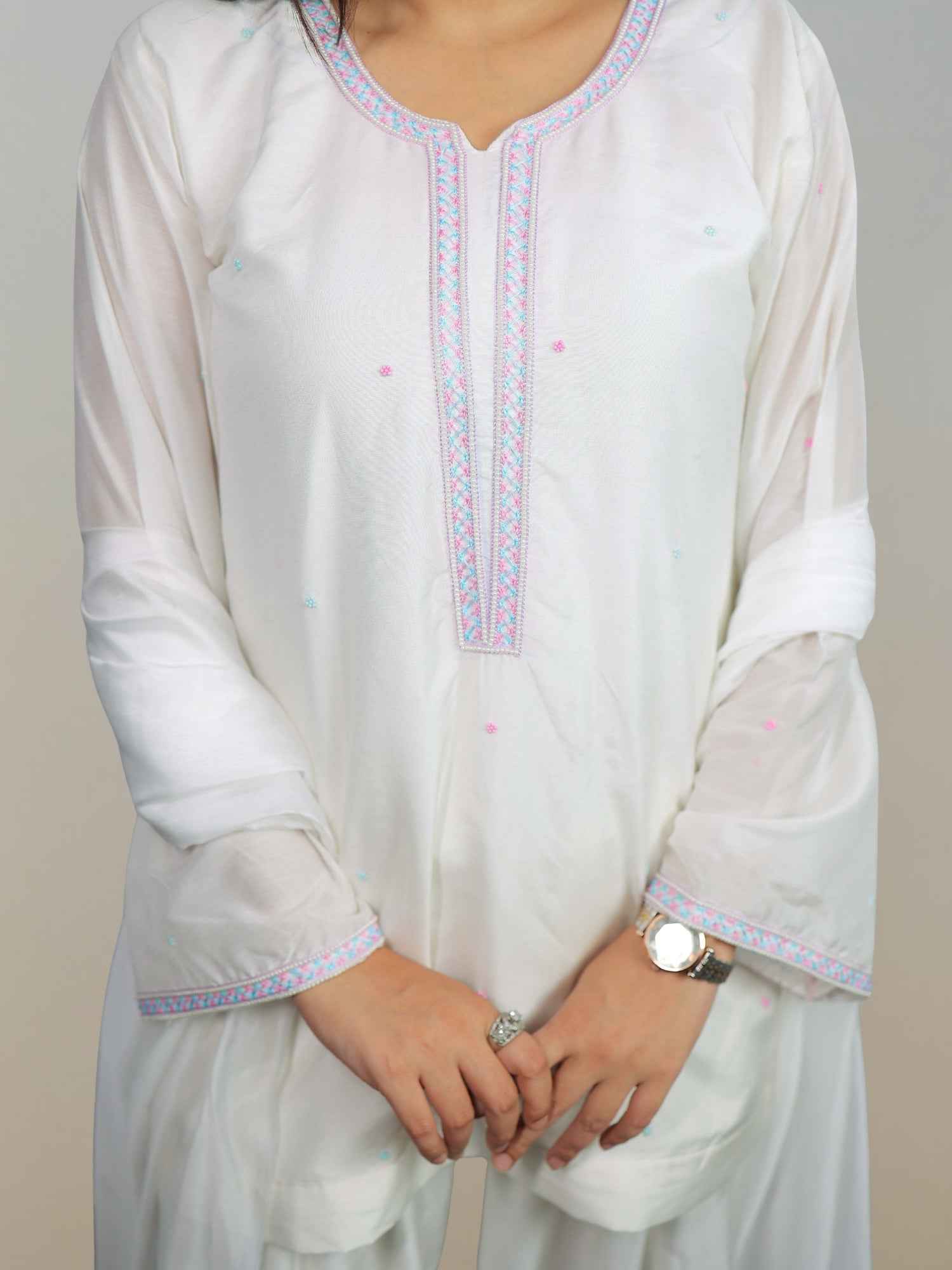 Nawaabiyat White Mul Chanderi Kurti Salwar Dupatta Set for Women | Handcrafted Zari & Zardozi Work