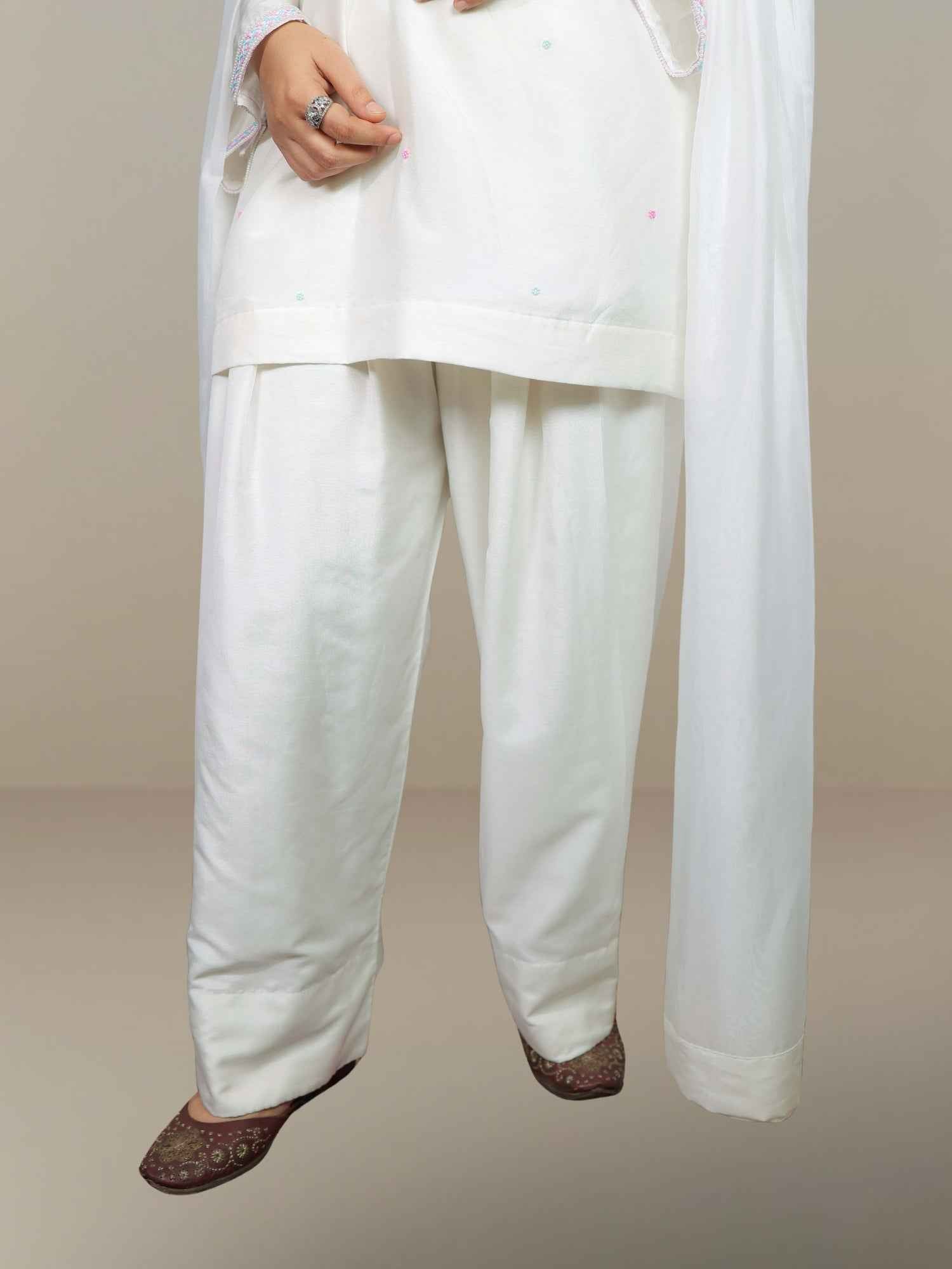 Nawaabiyat White Mul Chanderi Kurti Salwar Dupatta Set for Women | Handcrafted Zari & Zardozi Work