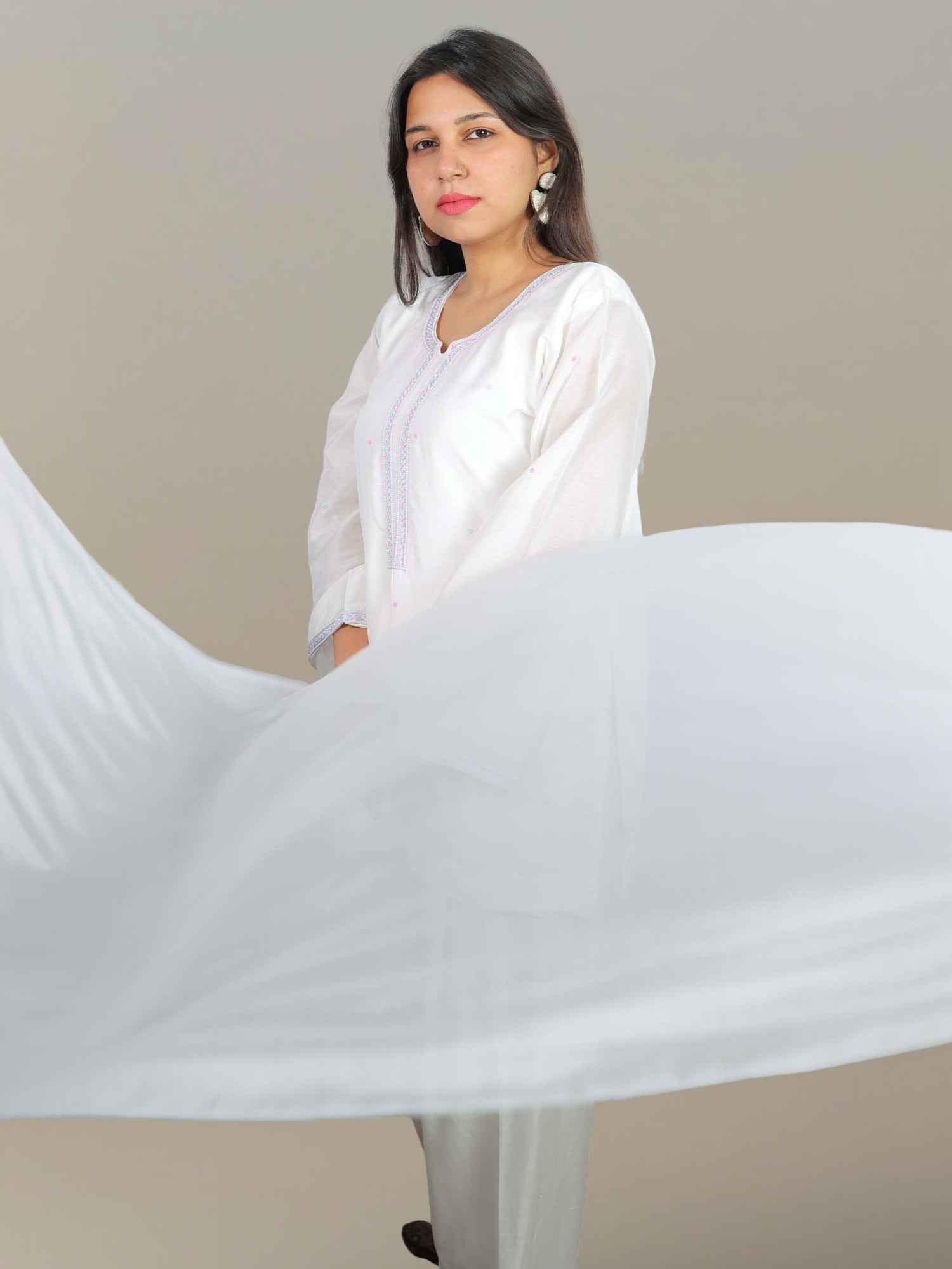 Nawaabiyat White Mul Chanderi Kurti Salwar Dupatta Set for Women | Handcrafted Zari & Zardozi Work