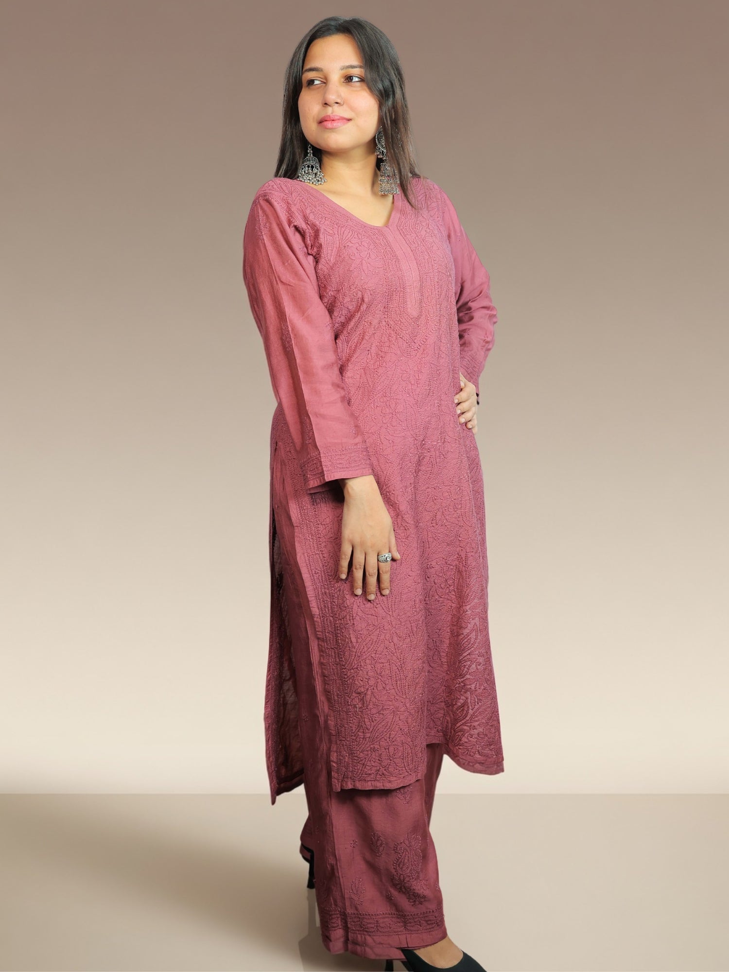 Nawaabiyat Dusty Purple Mul Chanderi Chikankari Kurti Pant Set for Women | Designer Ethnic Wear