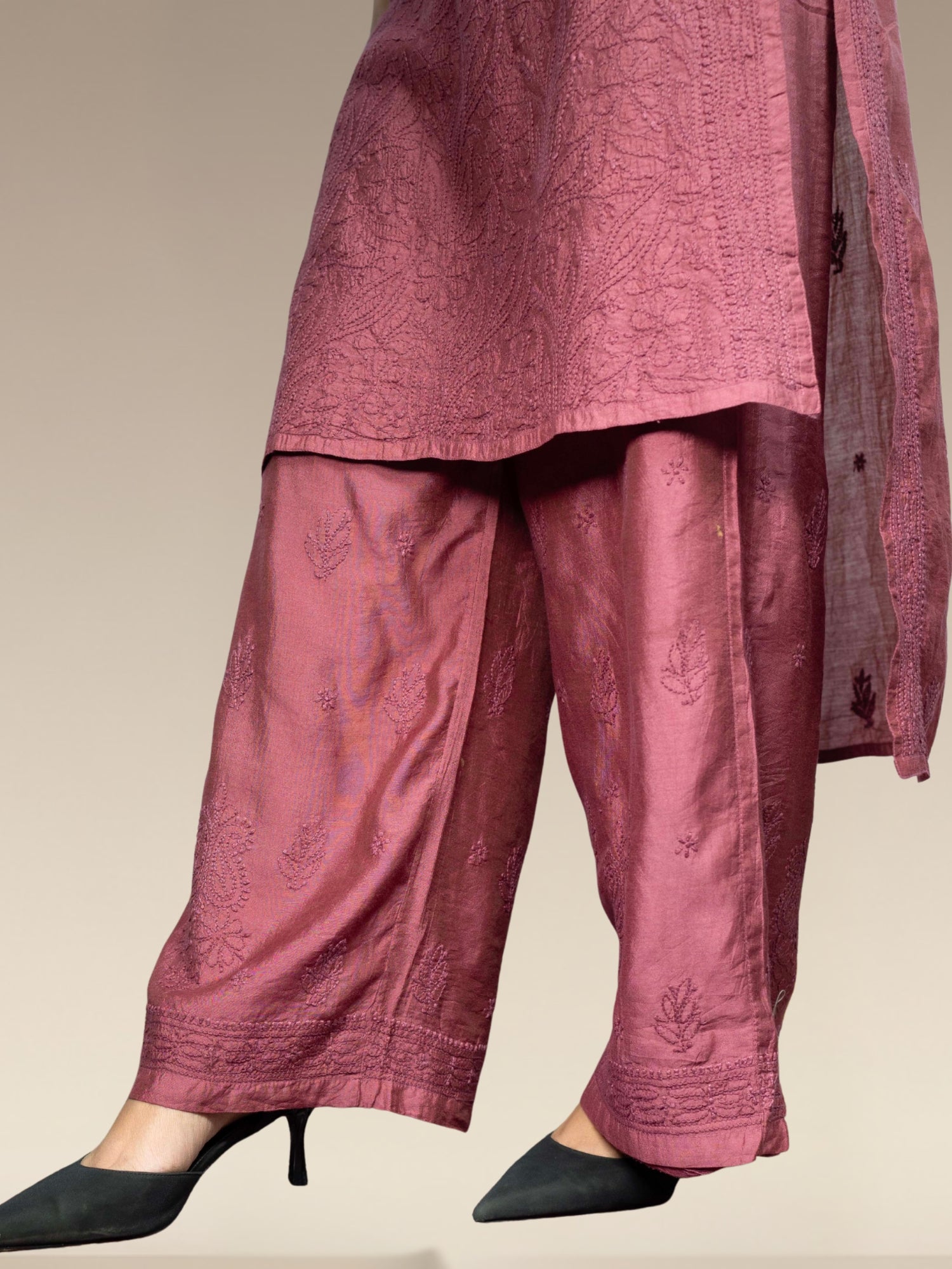 Nawaabiyat Dusty Purple Mul Chanderi Chikankari Kurti Pant Set for Women | Designer Ethnic Wear
