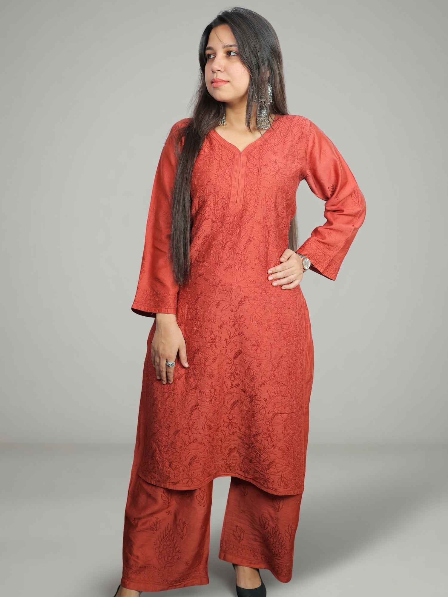 Nawaabiyat Dusty Maroon Mul Chanderi Chikankari Kurti Pant Set for Women | Designer Ethnic Wear