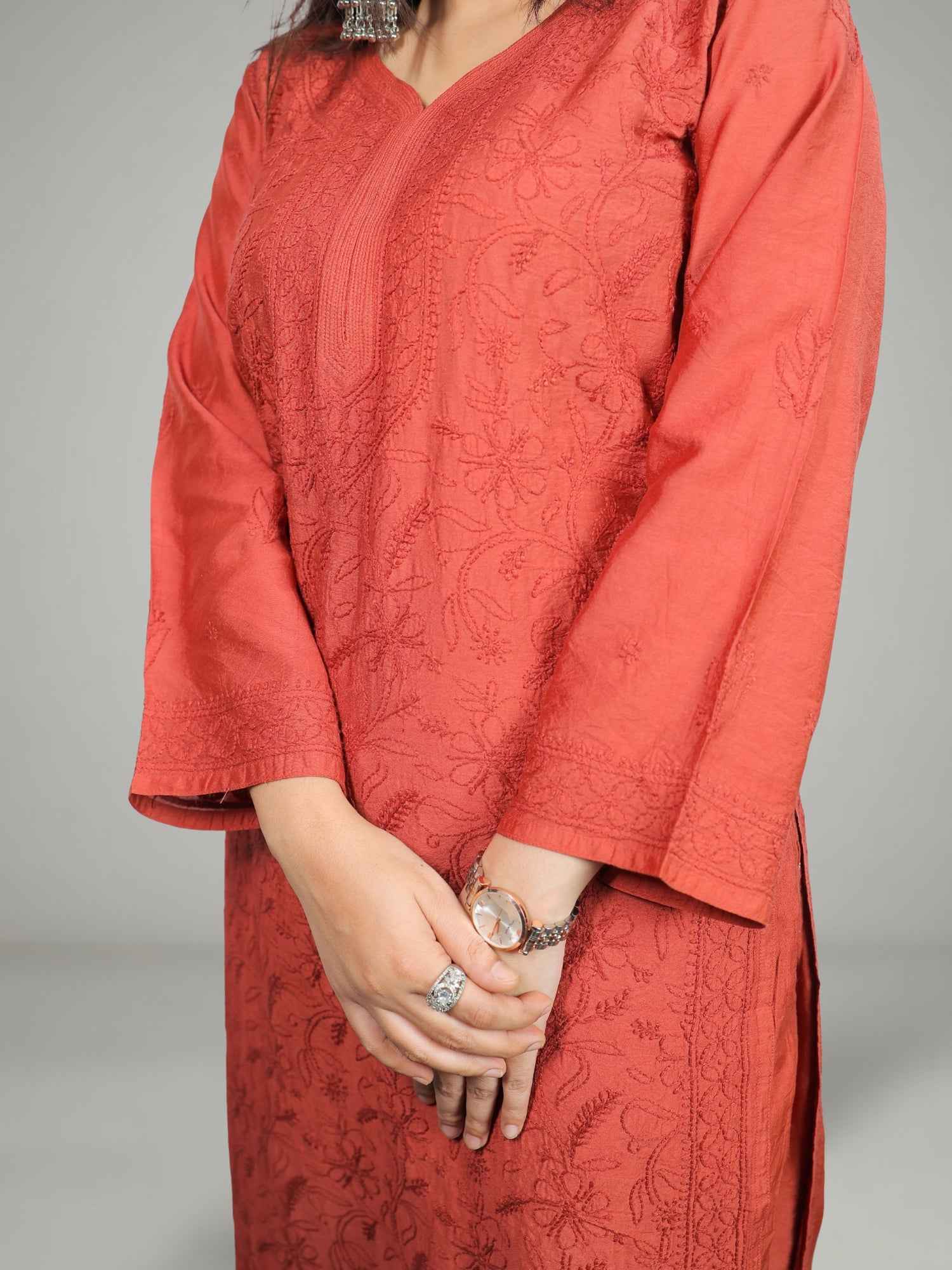 Nawaabiyat Dusty Maroon Mul Chanderi Chikankari Kurti Pant Set for Women | Designer Ethnic Wear
