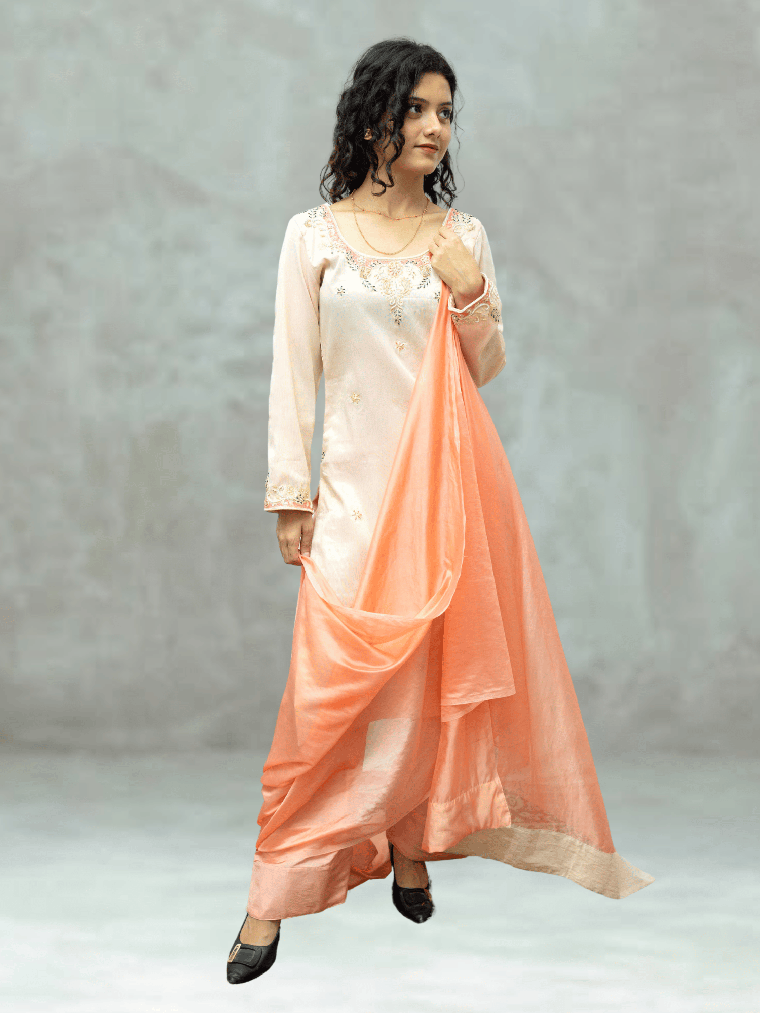 Panchi peach tissue kurta set with Zardogi embroidery farshi pant and Dupatta