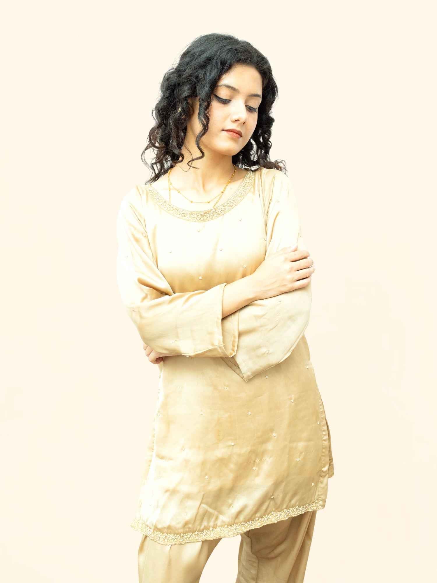 Beige Luxury Ethnic Suit Set with Handcrafted Zardozi Work for Women