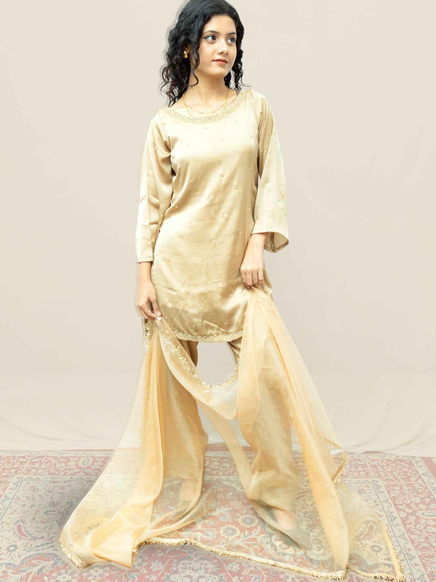 Beige Luxury Ethnic Suit Set with Handcrafted Zardozi Work for Women