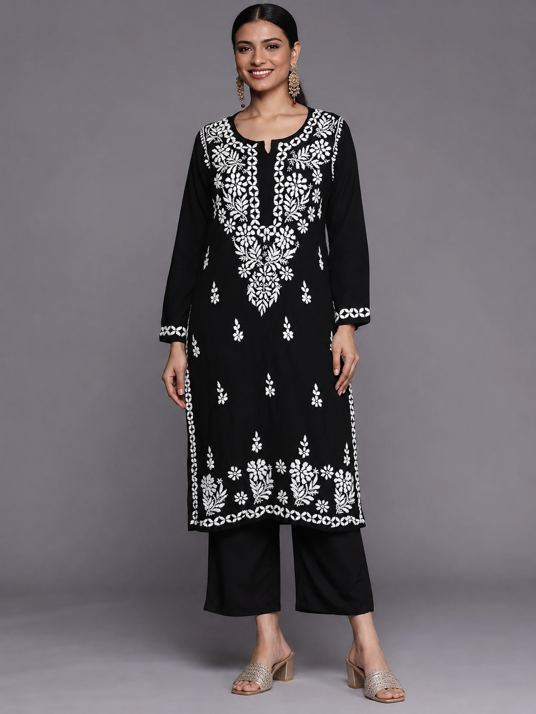 Black & White Chikankari Embroidered Straight Kurta Palazzo Set – Rakhi Special Festive Ethnic Wear for Women