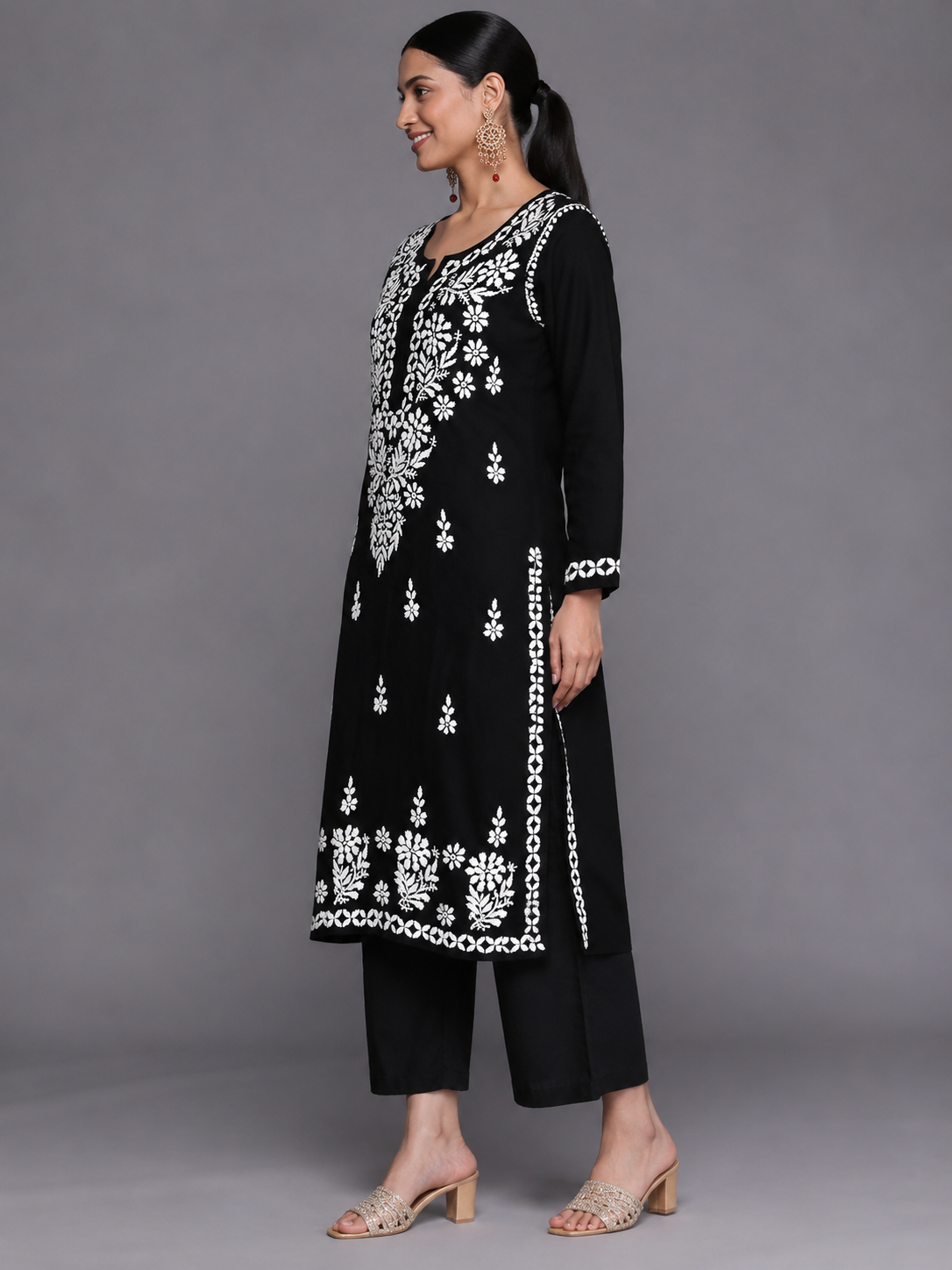 Black & White Chikankari Embroidered Straight Kurta Palazzo Set – Rakhi Special Festive Ethnic Wear for Women