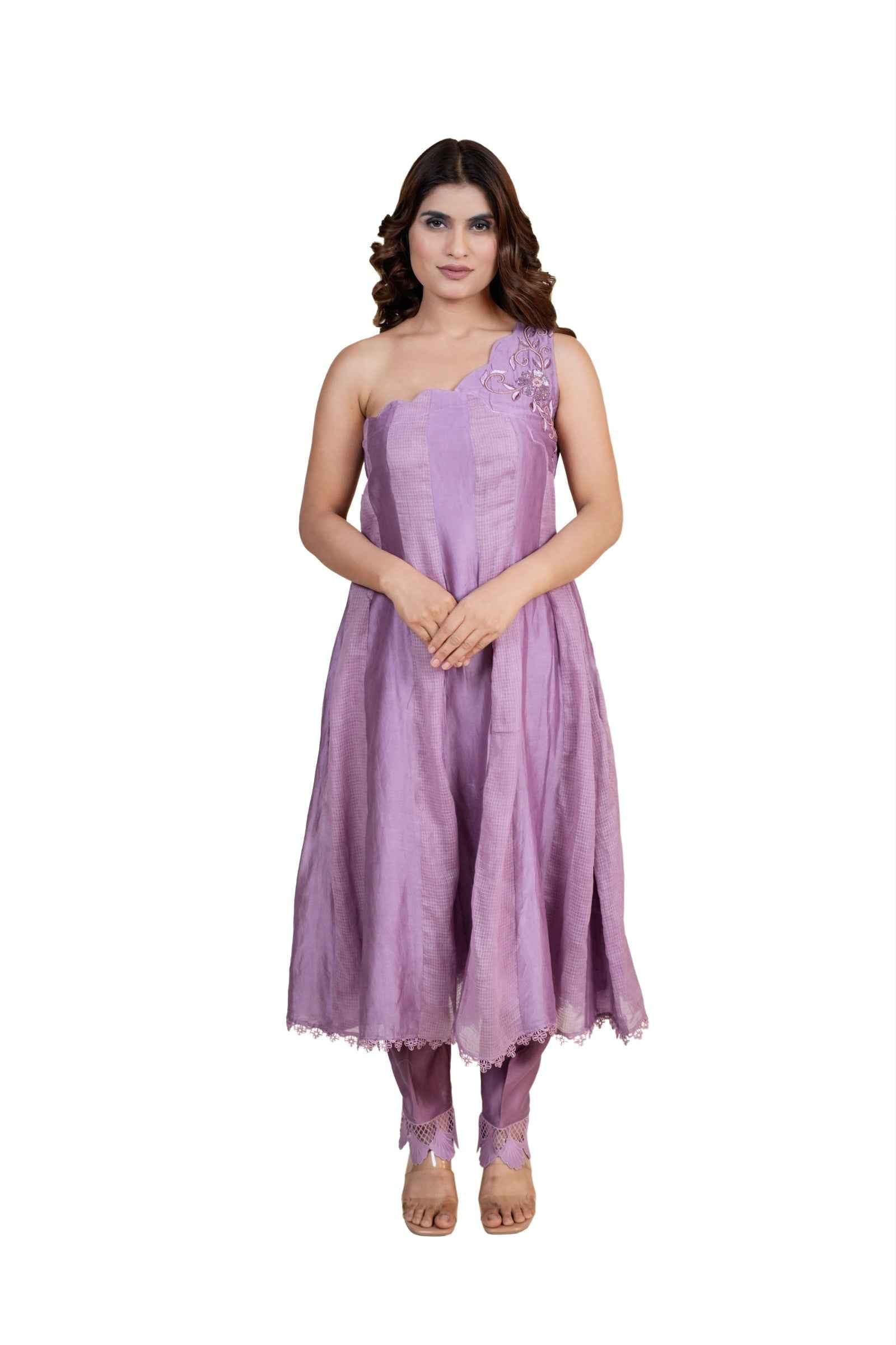 Tabeer - One Shoulder Chanderi and Kota Anarkali Set