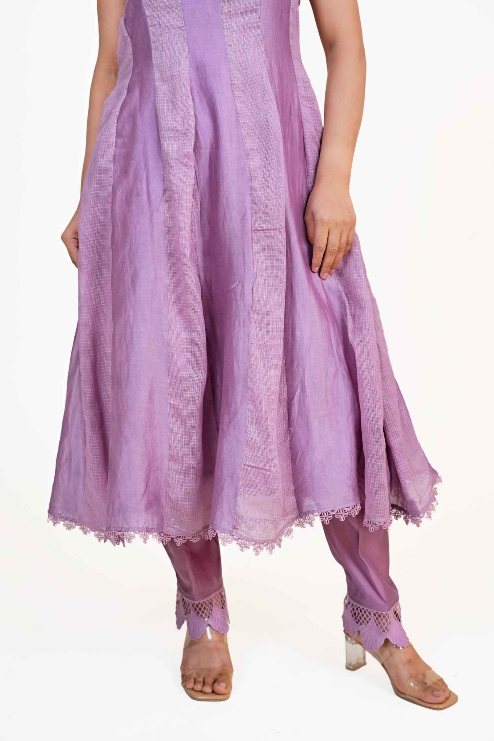 Tabeer - One Shoulder Chanderi and Kota Anarkali Set