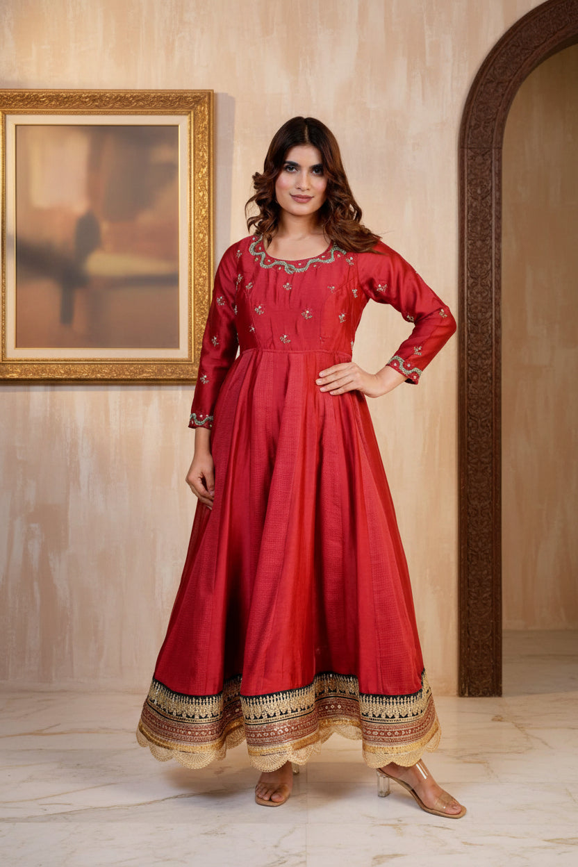 Noor Maroon Anarkali Set with Chikankari and Zardozi Work - Elegant Traditional Wear