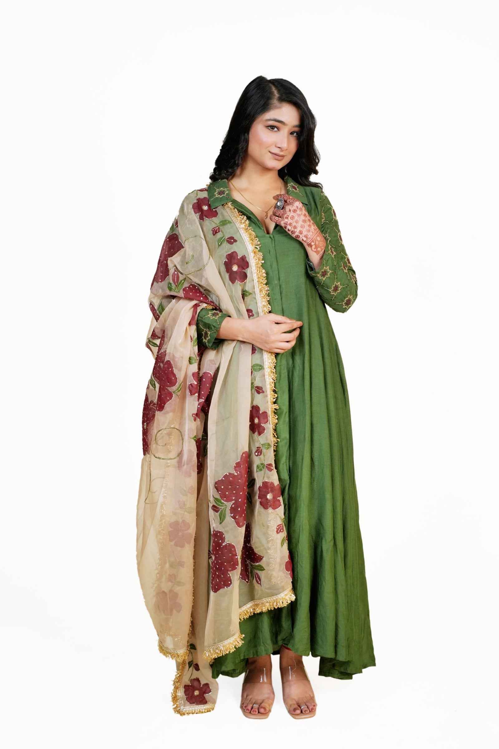 Ada-Green Coat Collar Anarkali And Maroon Pant With Chikankari And Zardozi Hand Embroidery