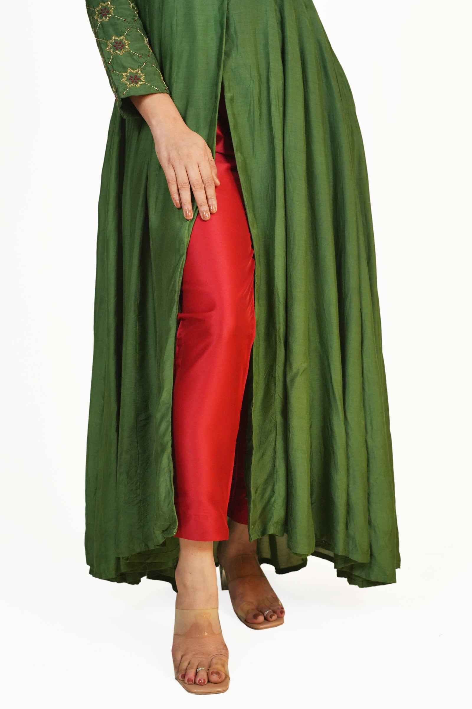 Ada-Green Coat Collar Anarkali And Maroon Pant With Chikankari And Zardozi Hand Embroidery