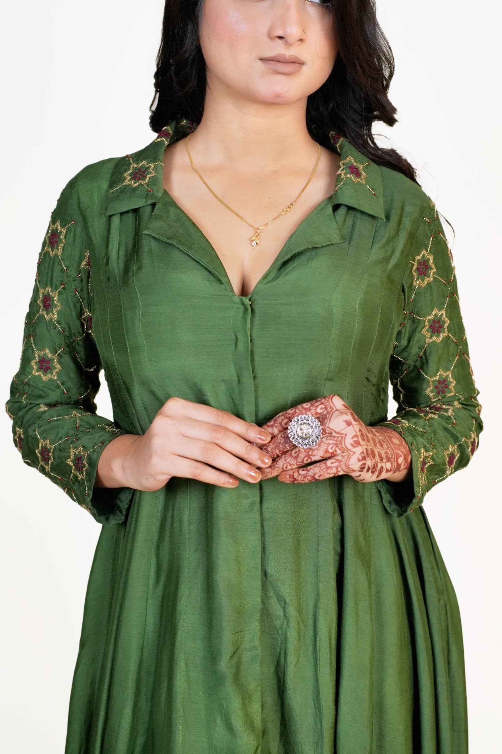 Ada-Green Coat Collar Anarkali And Maroon Pant With Chikankari And Zardozi Hand Embroidery