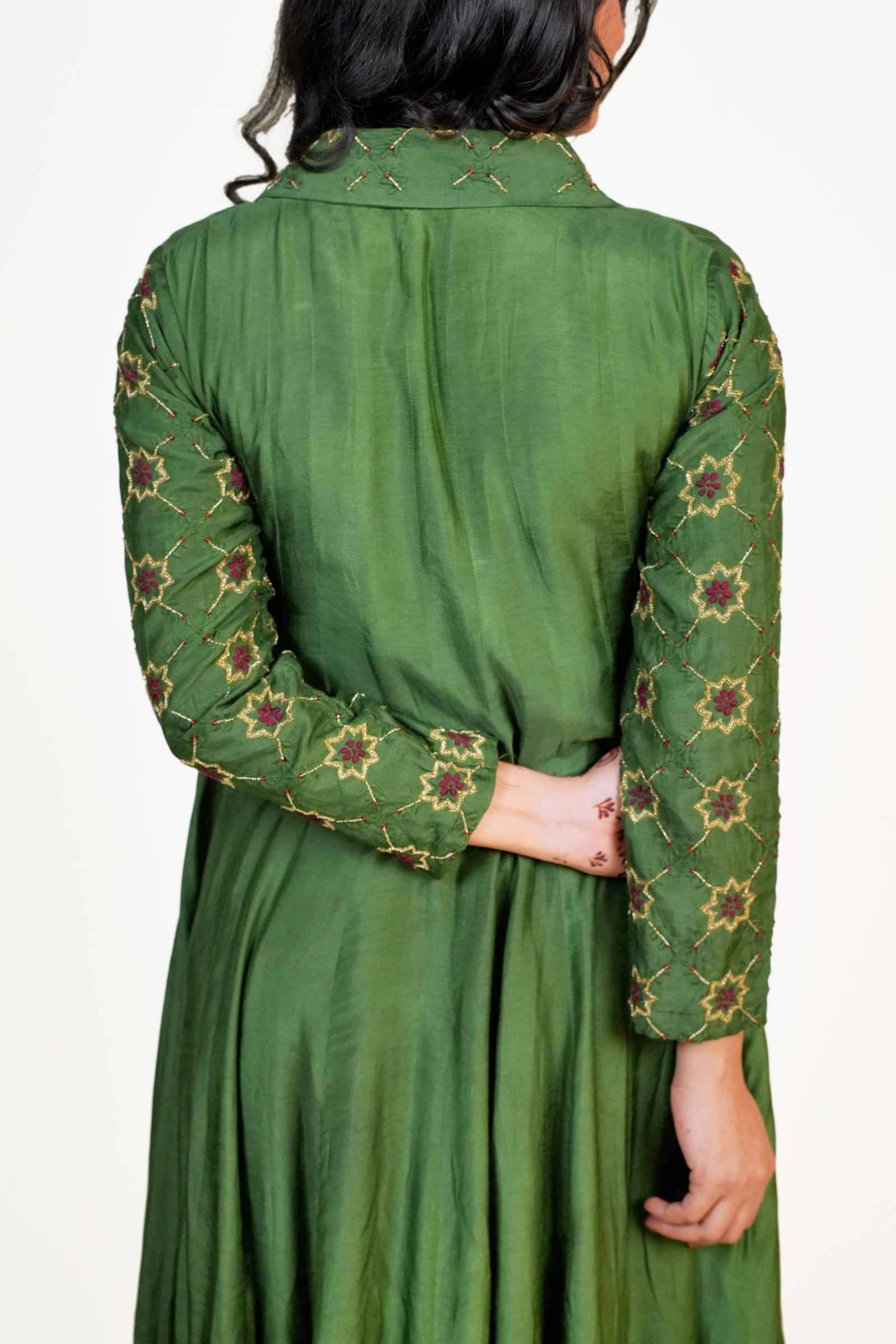 Ada-Green Coat Collar Anarkali And Maroon Pant With Chikankari And Zardozi Hand Embroidery