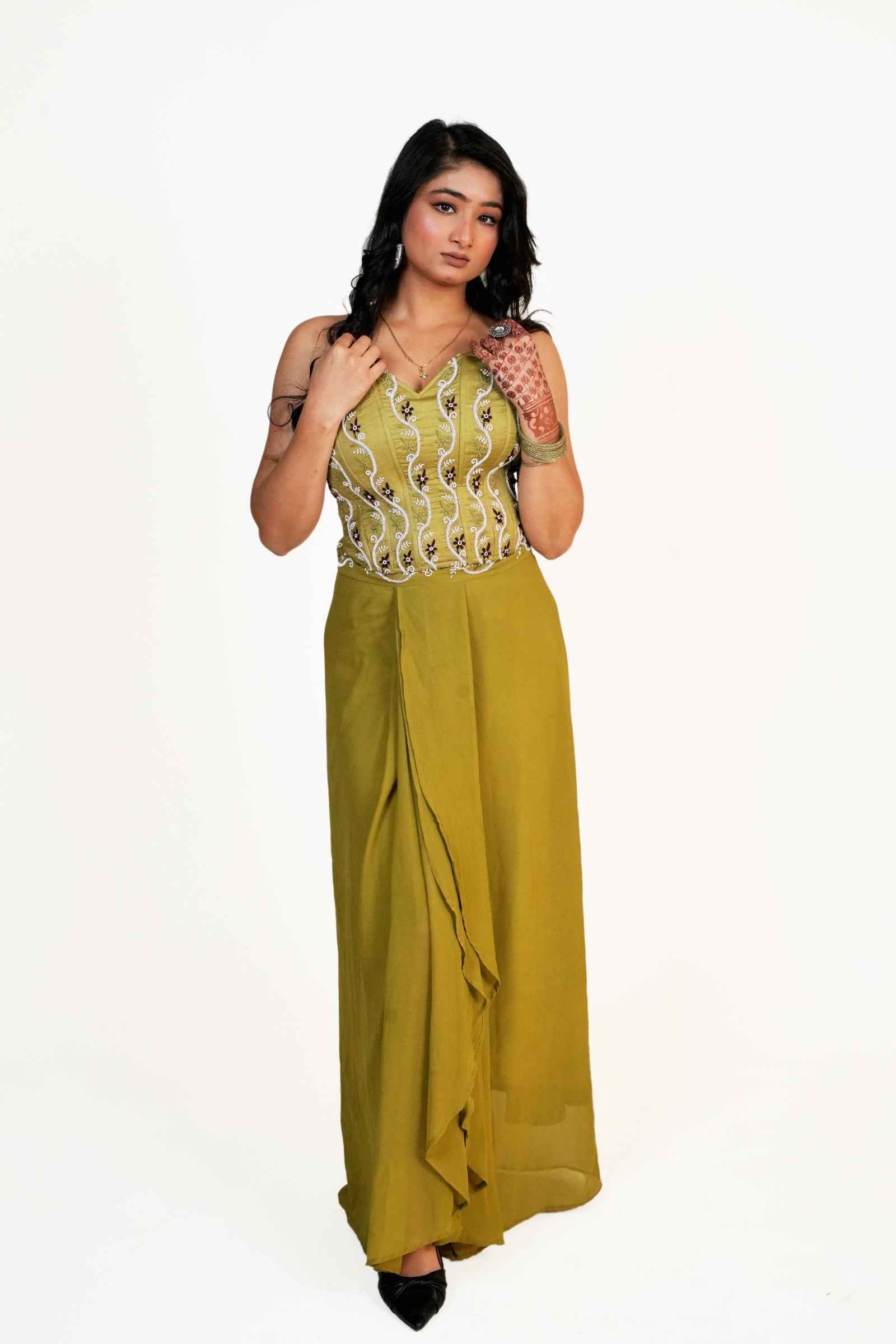Khwab Olive Green Corset and Pleated Skirt with Chikankari and Zardozi Embroidery