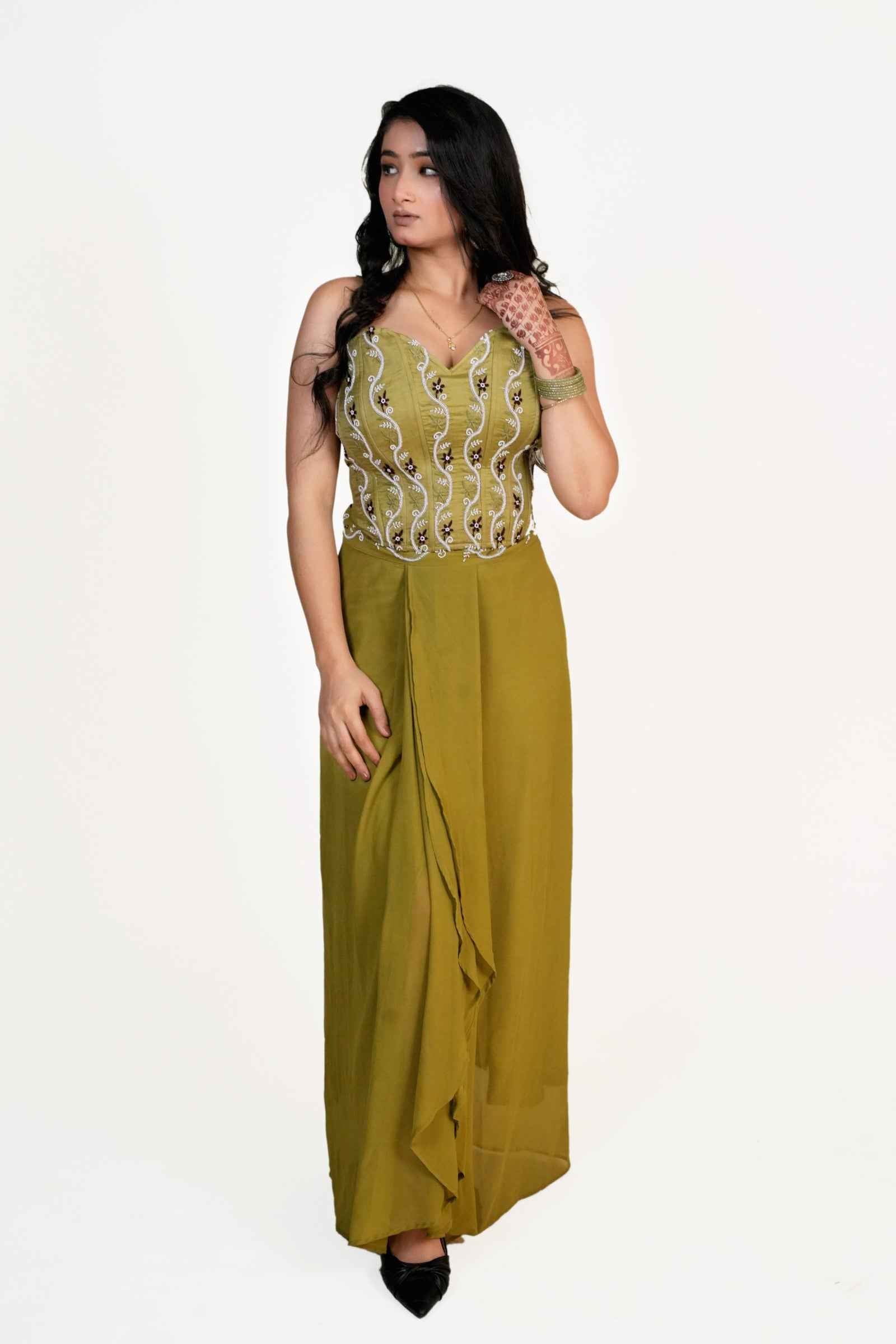 Khwab Olive Green Corset and Pleated Skirt with Chikankari and Zardozi Embroidery