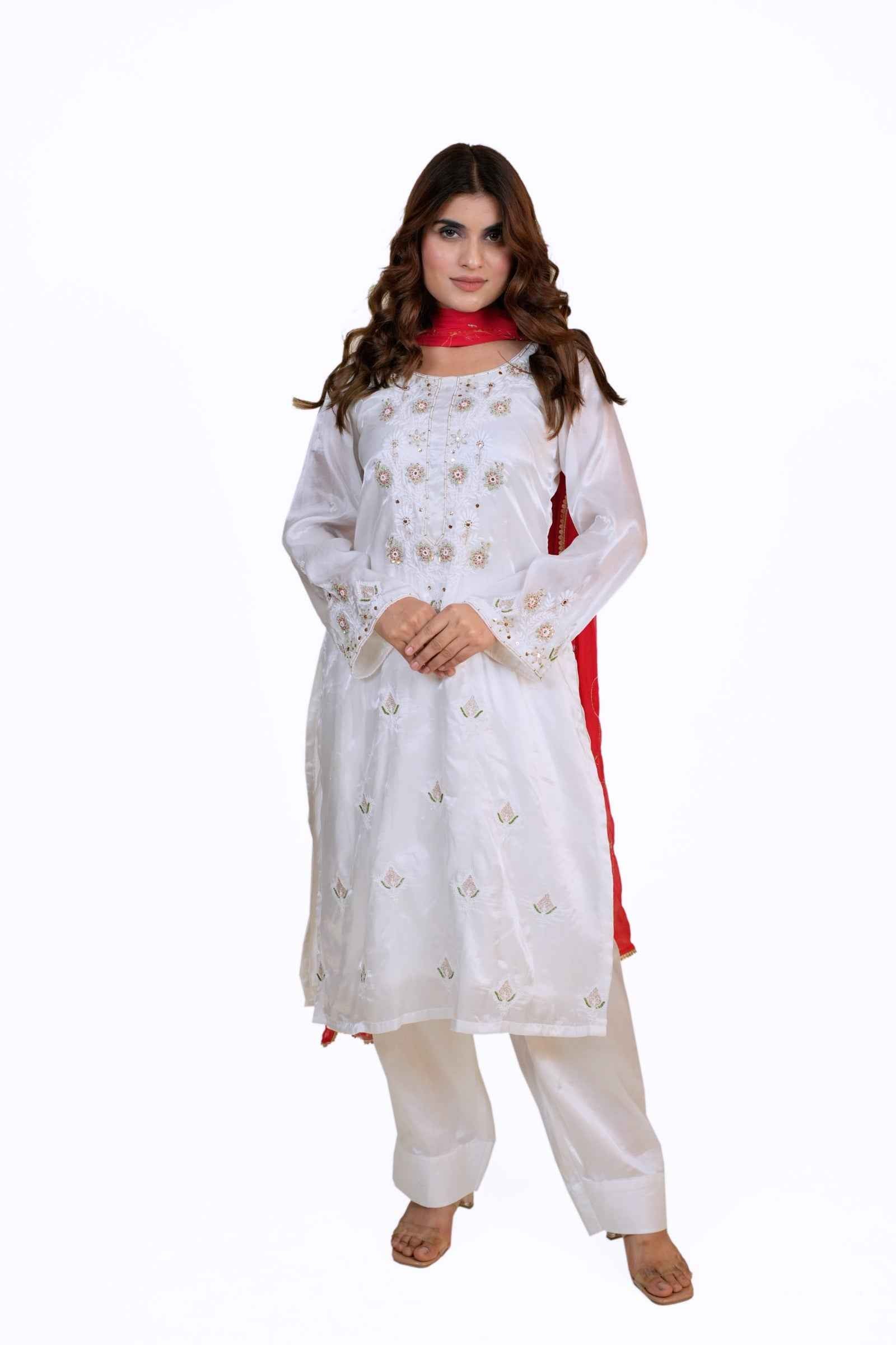 Meera-White Hand Crafted Chikankari Zardozi Suit Set with Red Dupatta