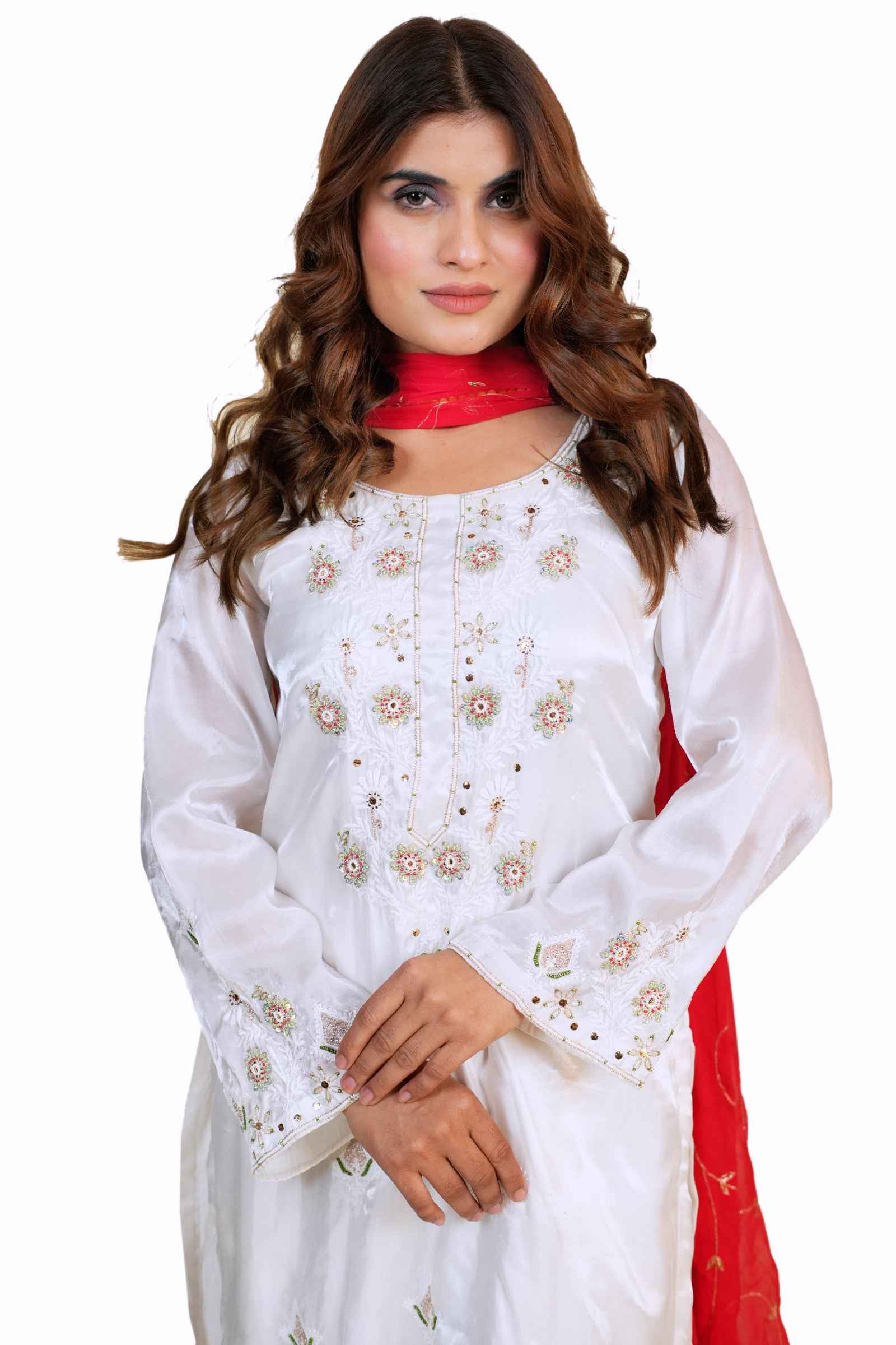 Meera-White Hand Crafted Chikankari Zardozi Suit Set with Red Dupatta