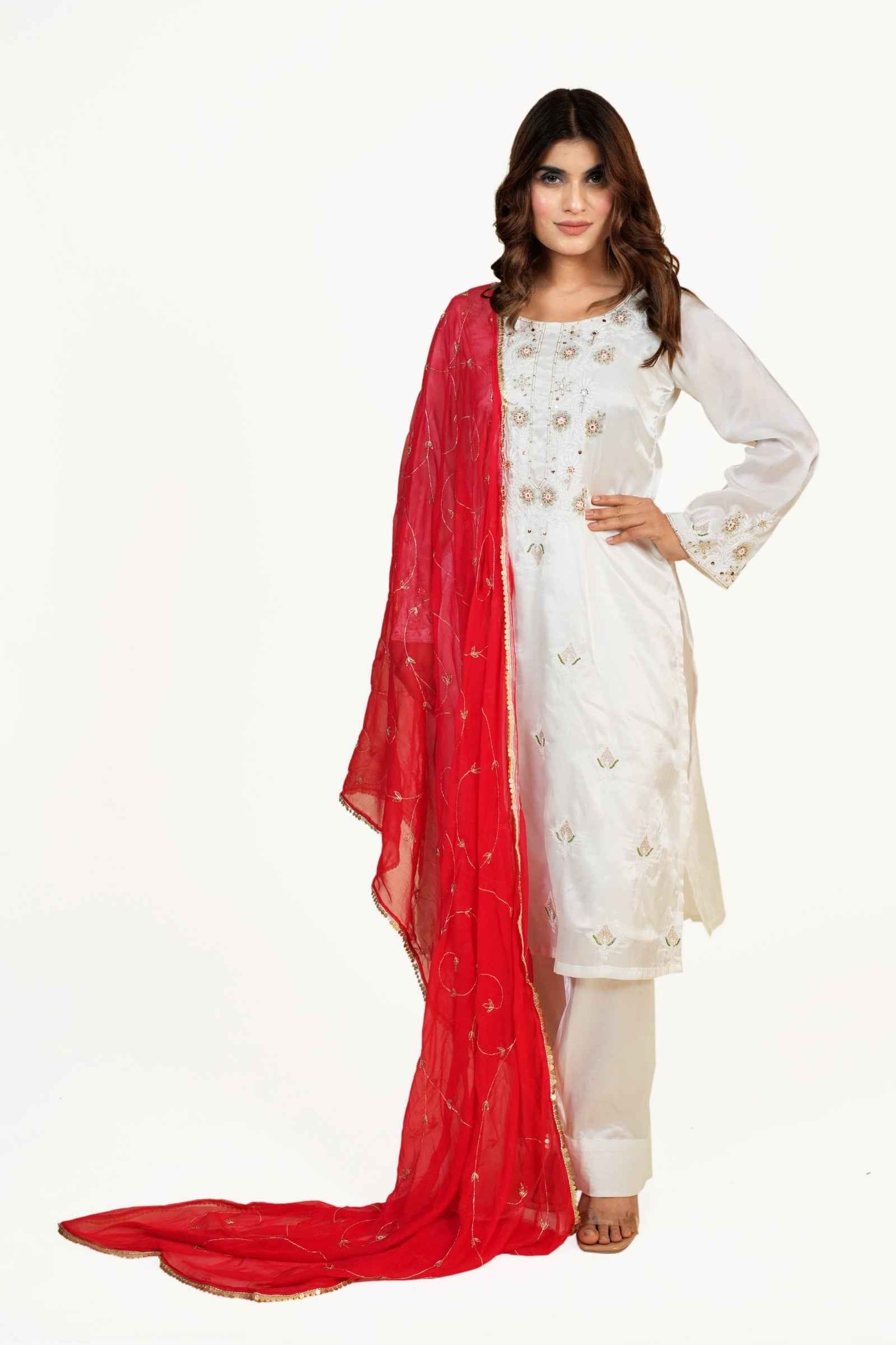 Meera-White Hand Crafted Chikankari Zardozi Suit Set with Red Dupatta
