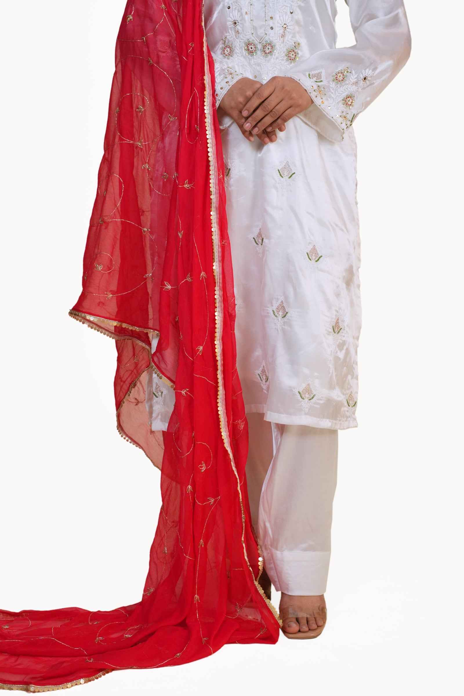 Meera-White Hand Crafted Chikankari Zardozi Suit Set with Red Dupatta