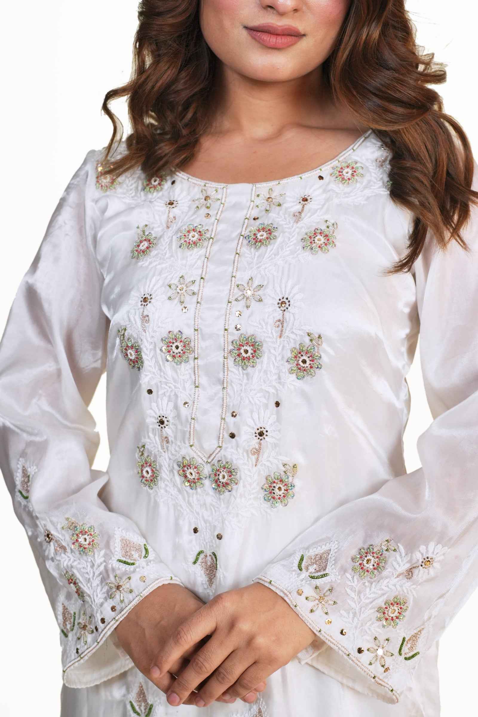 Meera-White Hand Crafted Chikankari Zardozi Suit Set with Red Dupatta