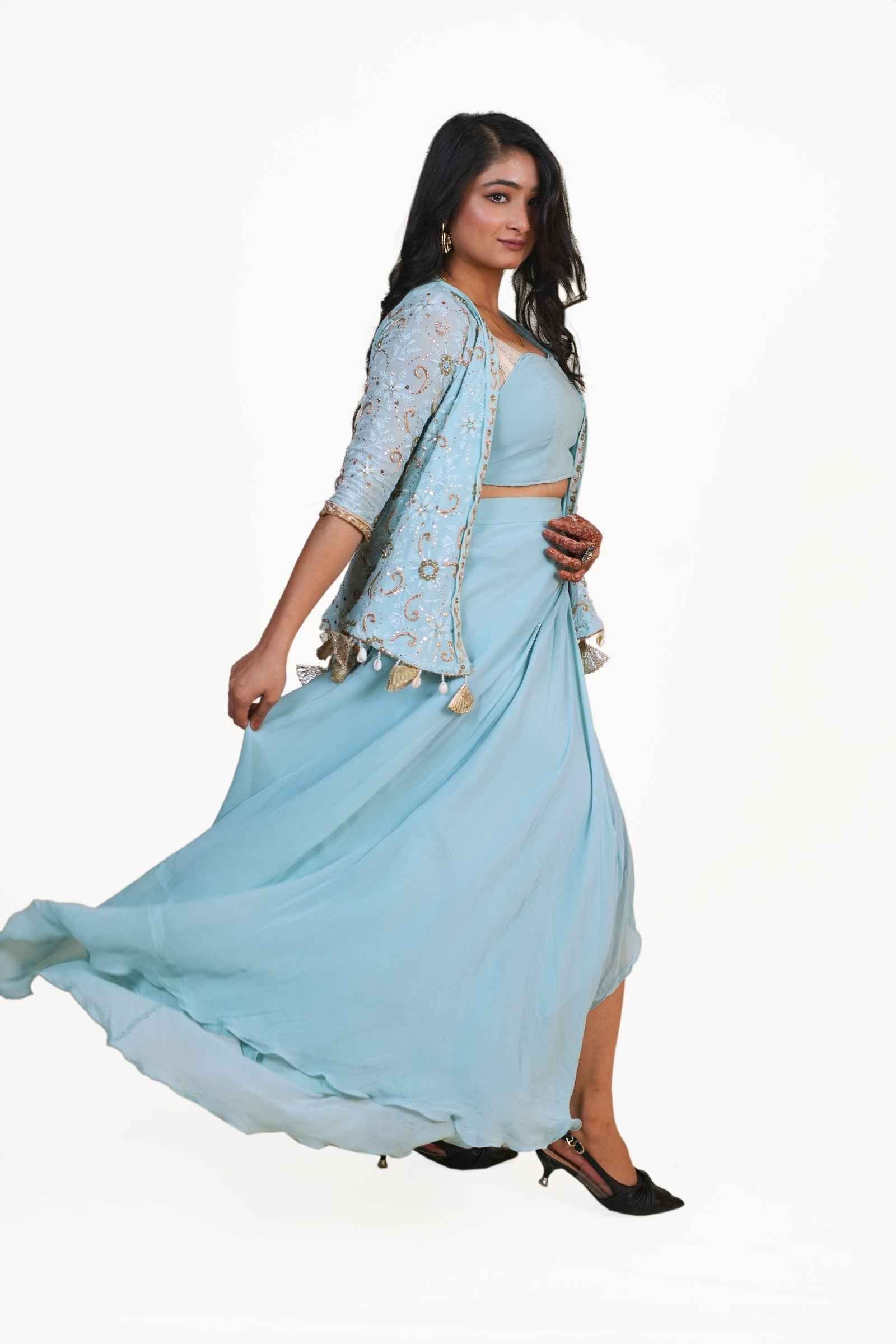 Vanya- Powder Blue Pure Georgette Front-Open Top & Pleated Skirt Set With Handcrafted Chikankari & Zardozi Embroidery