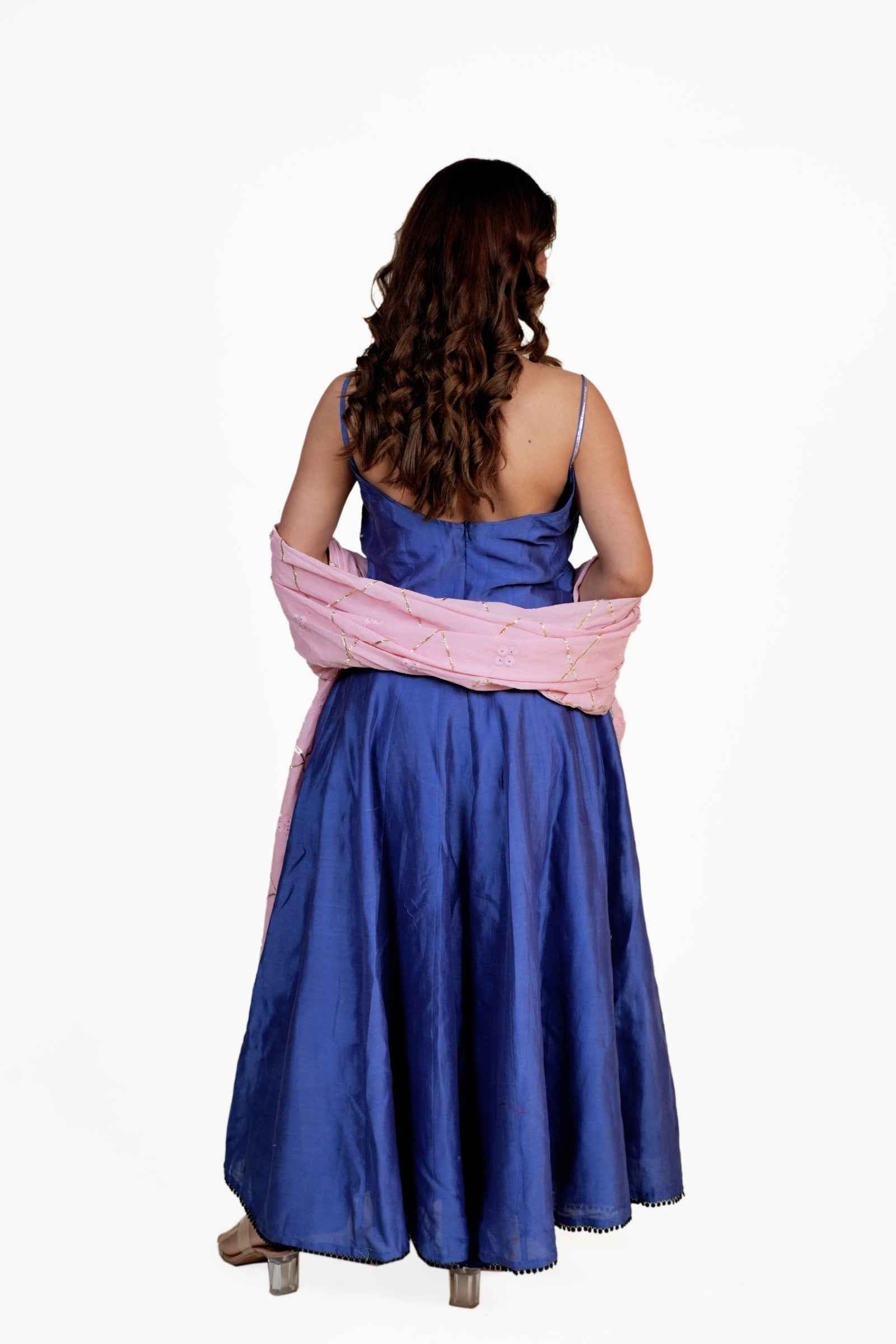 Maya Blue Mul Chanderi Anarkali Set with Pink Dupatta and Chikankari-Zardozi Embroidery