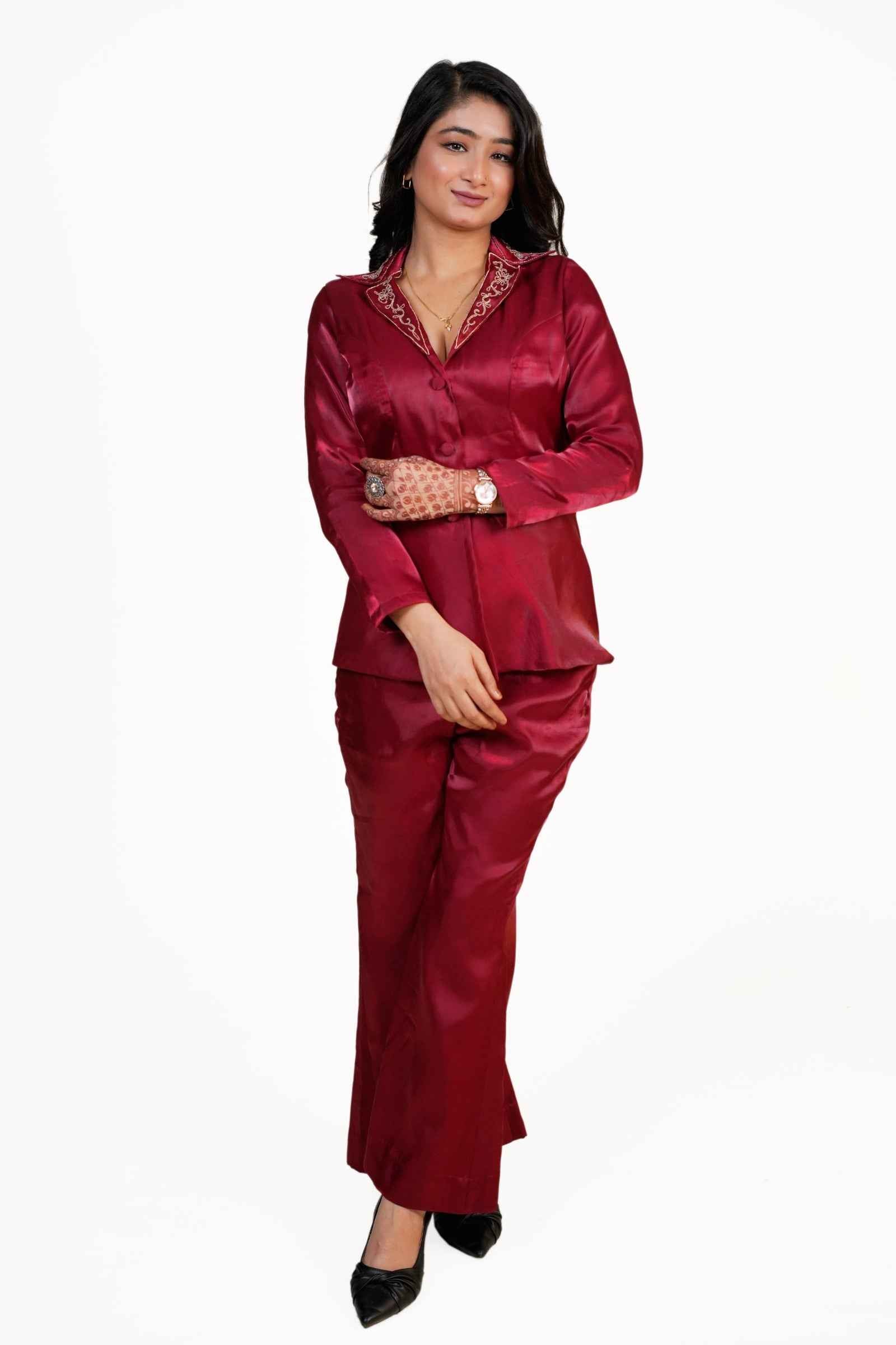 Inayat- Maroon Coat-Style Top with Bell-Bottom Pants and hand embroidery Collar Detailing