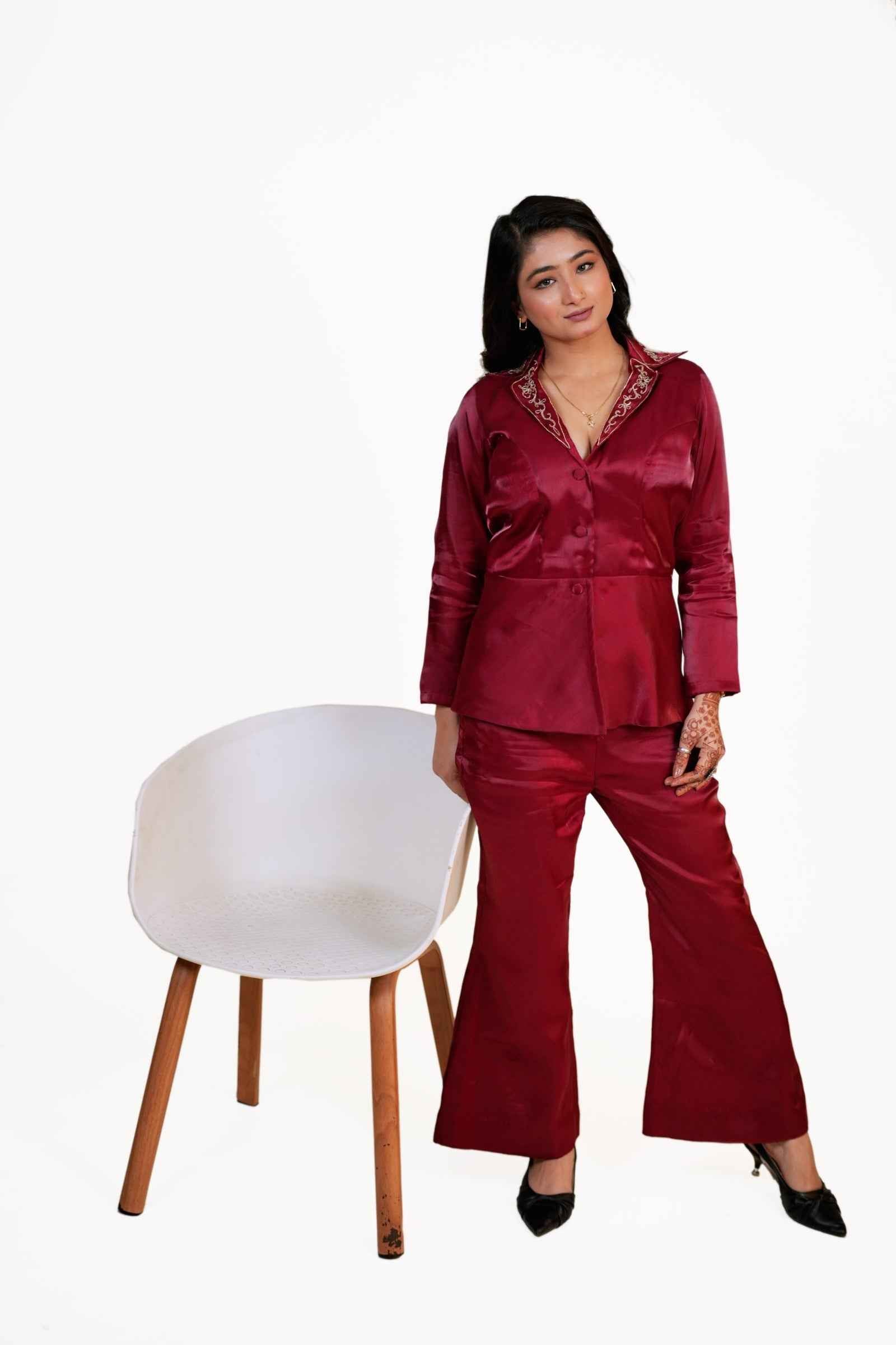 Inayat- Maroon Coat-Style Top with Bell-Bottom Pants and hand embroidery Collar Detailing