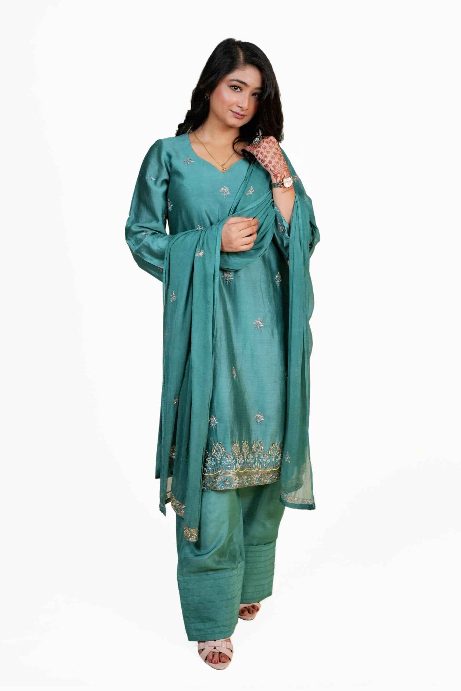 Ziya- Classic Green Silk Threadwork Suit Set