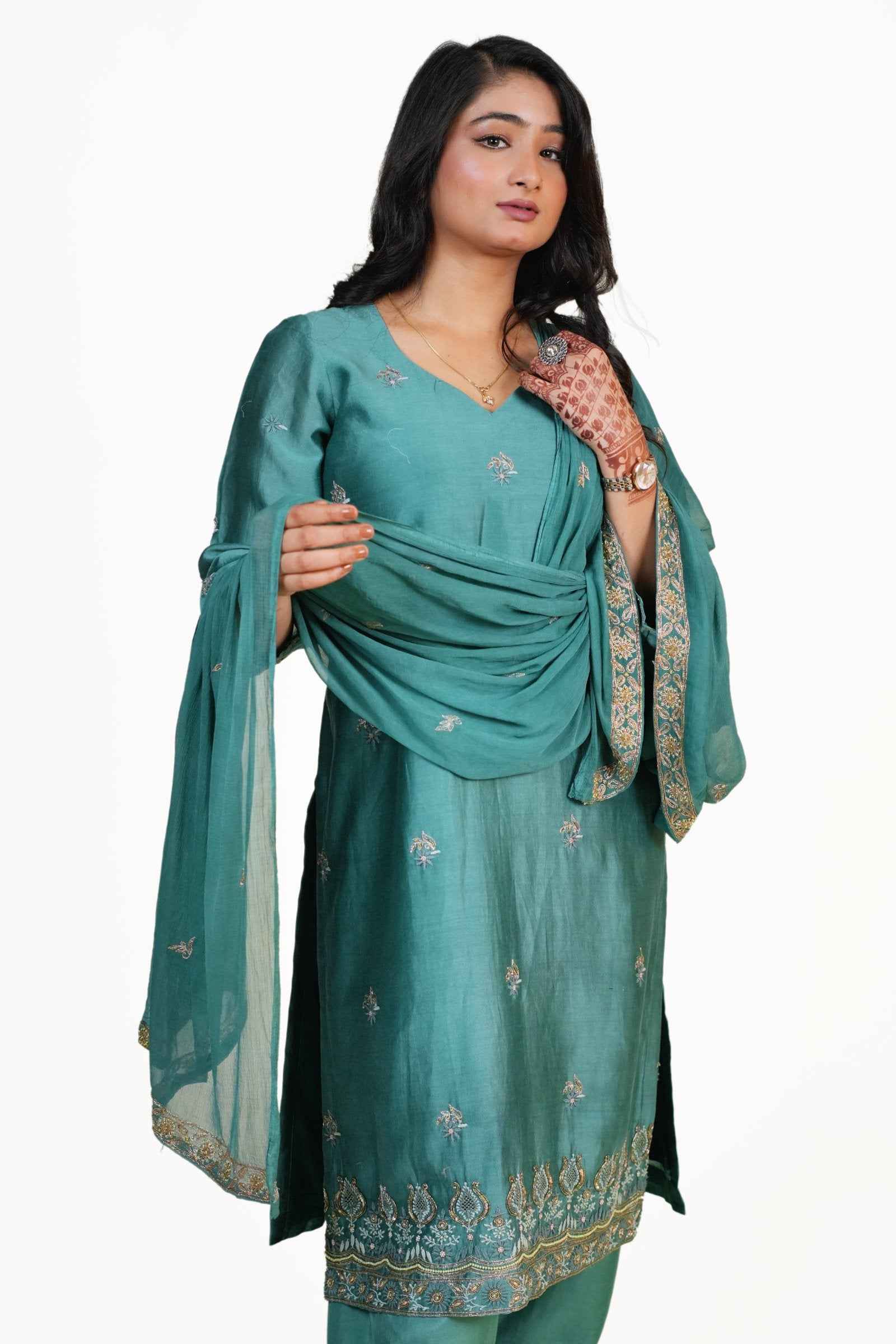 Ziya- Classic Green Silk Threadwork Suit Set