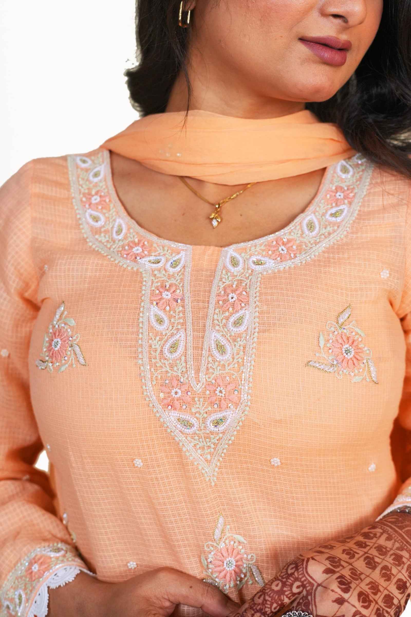 Duaa - Peach Kurta Dupatta Set with Chikankari and Zardozi Embroidery in Kota Cotton and Chiffon