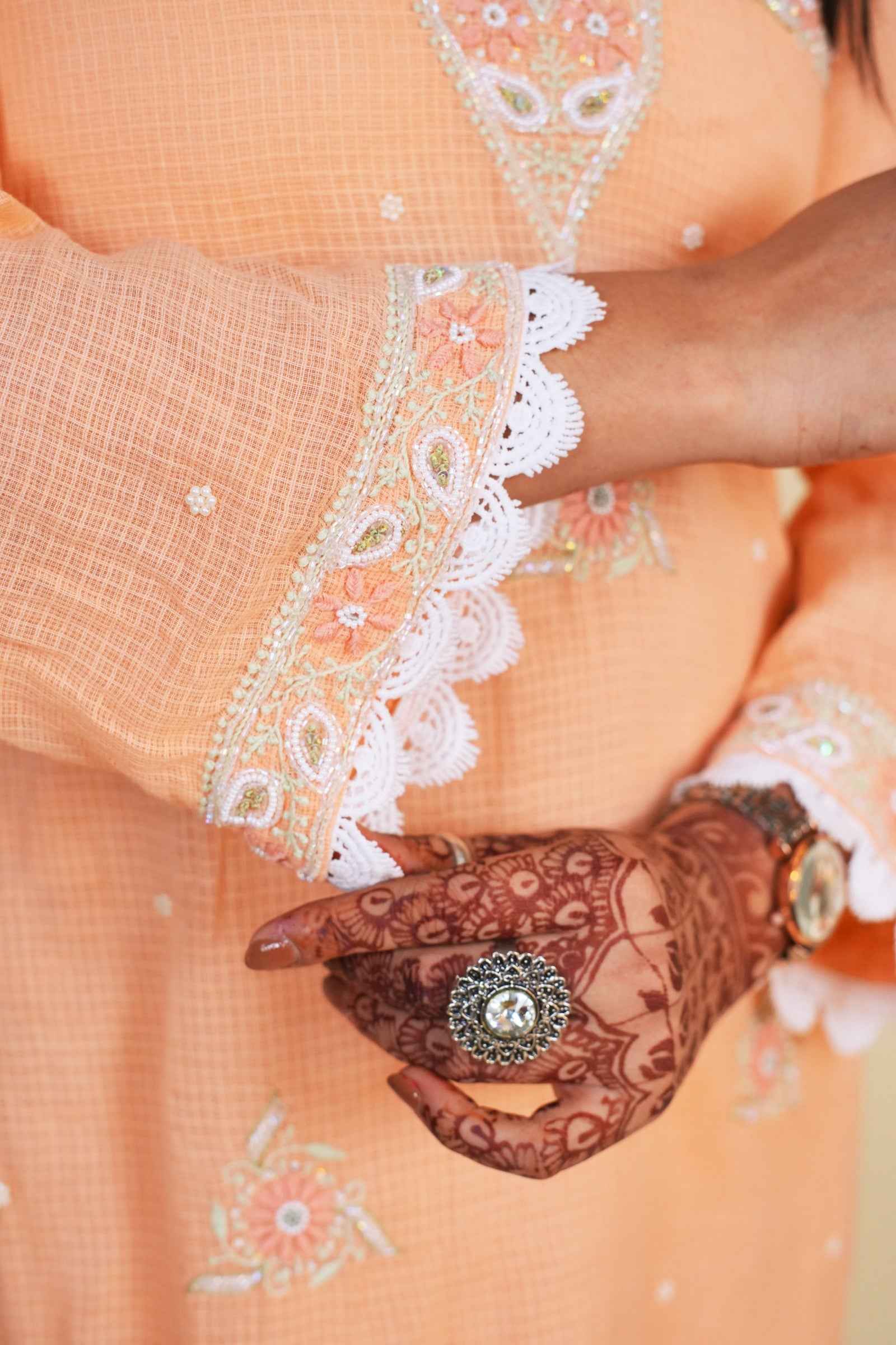 Duaa - Peach Kurta Dupatta Set with Chikankari and Zardozi Embroidery in Kota Cotton and Chiffon