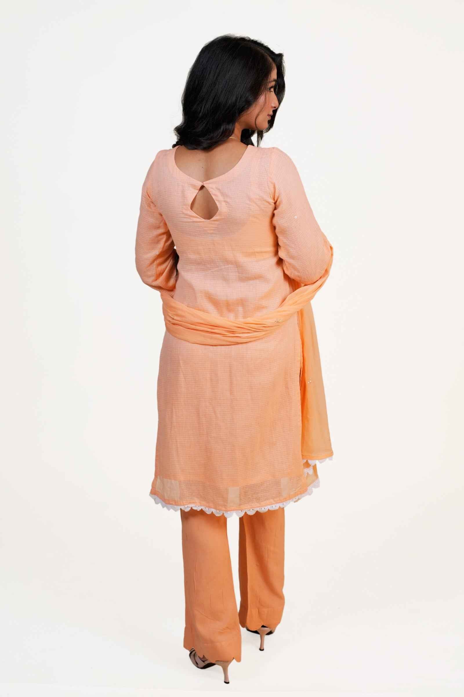 Duaa - Peach Kurta Dupatta Set with Chikankari and Zardozi Embroidery in Kota Cotton and Chiffon