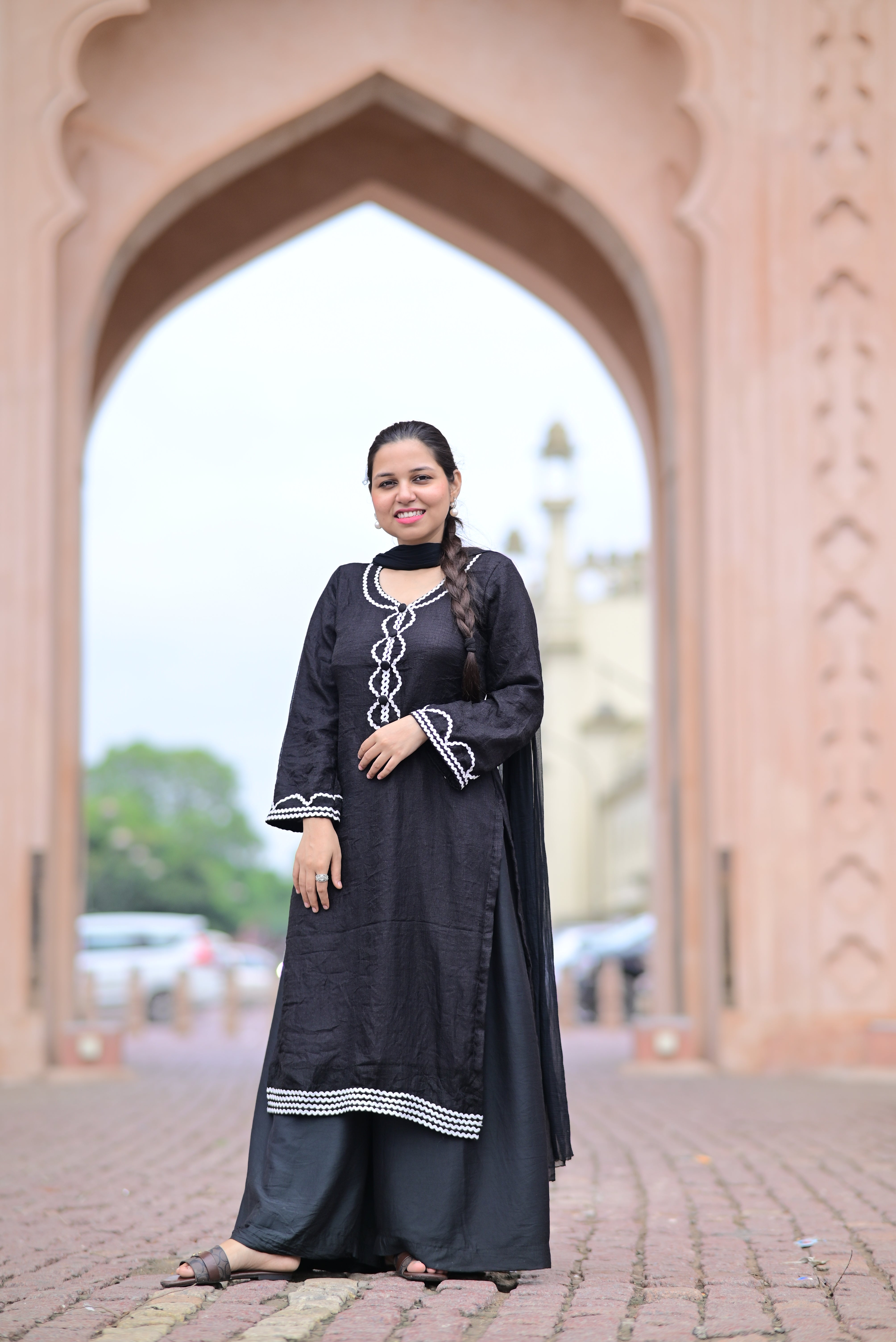 Nawaabiyat Black Kurta Palazzo Set with Dupatta | Elegant Lace Detail Ethnic Suit for Women