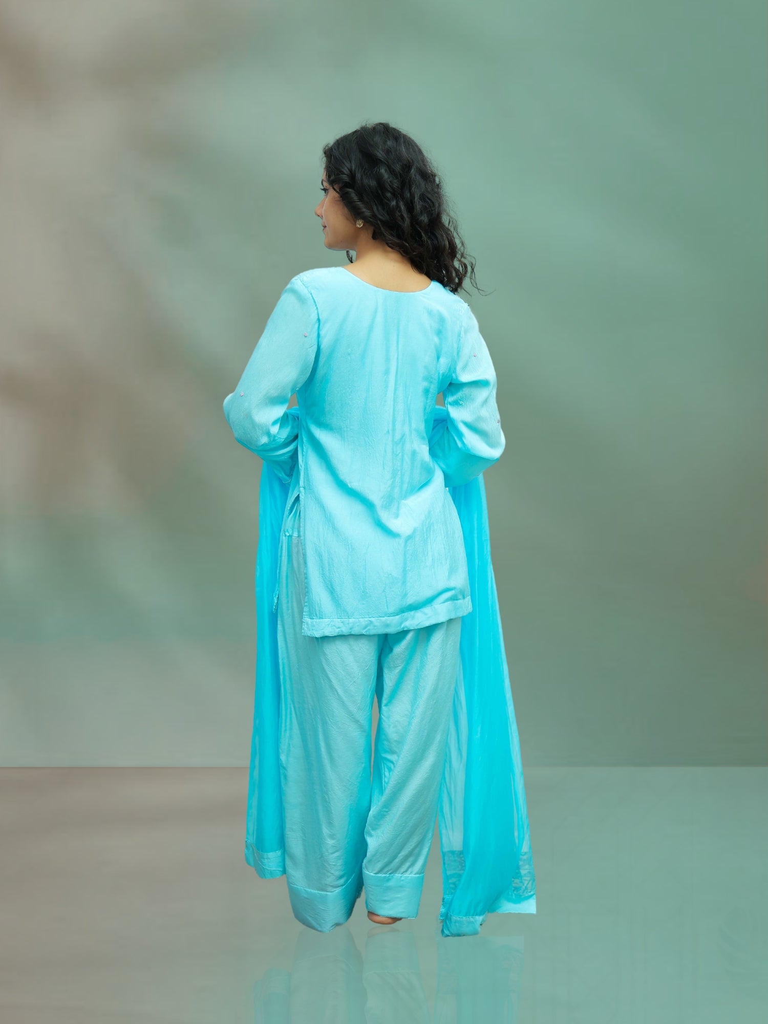 Luxury Firozi Muslin Zardozi Embroidered Farshi Pant Suit Set for Women