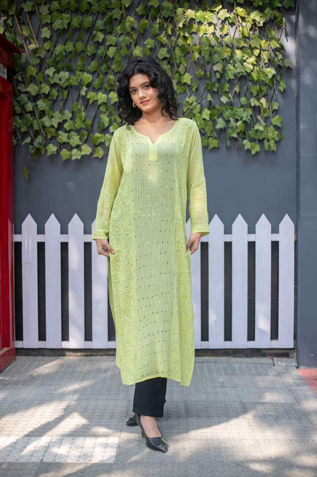 Pari- Lime Green kurti Handcrafted Chikankari with highlight of Mukesh Embroidery