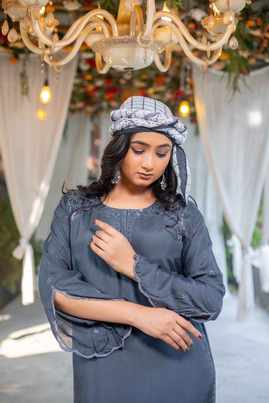Noor-E-Faiza – Smokey Grey Zardozi Kaftan Dress
