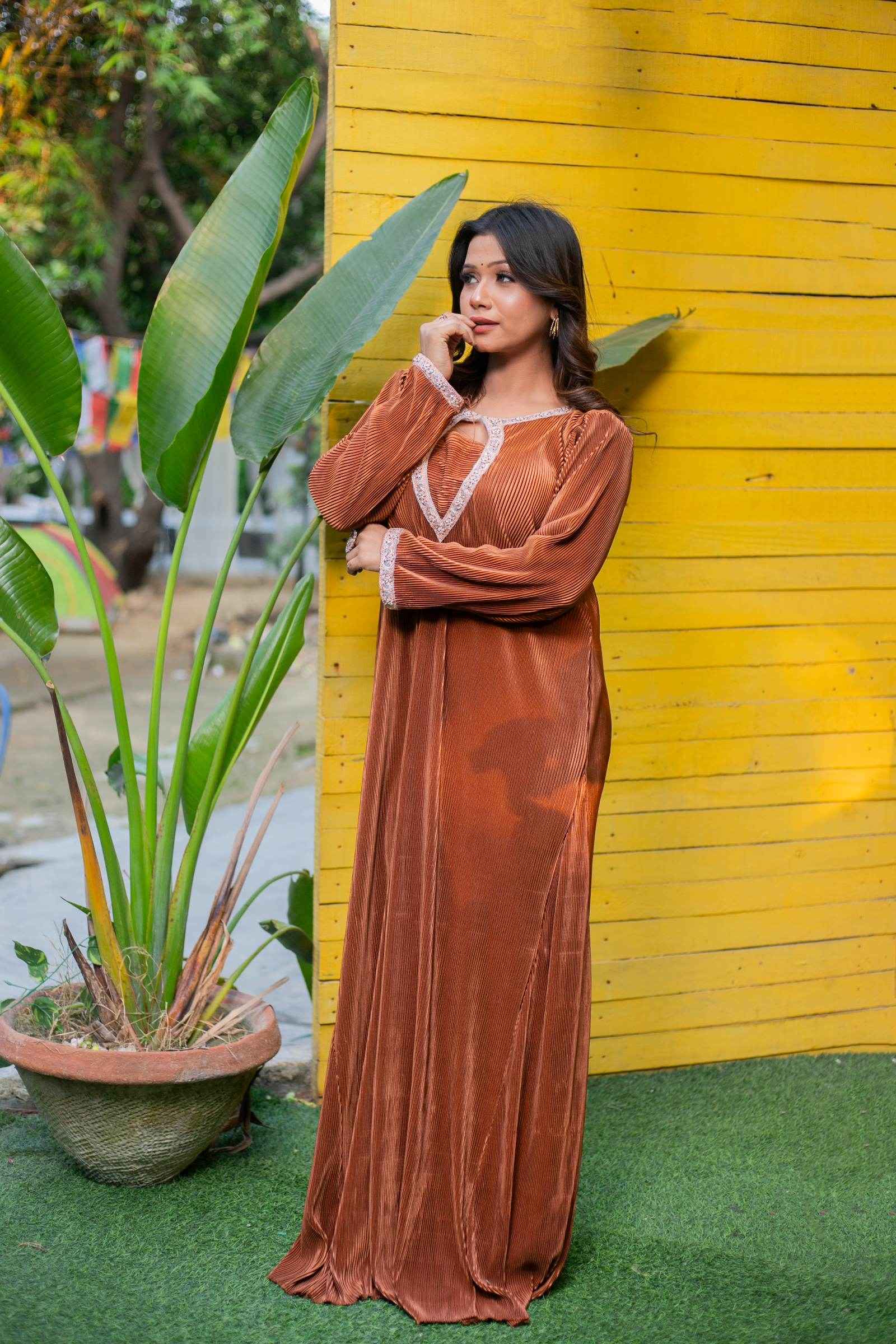 Zafran Aura – Copper Pleated Kaftan Dress