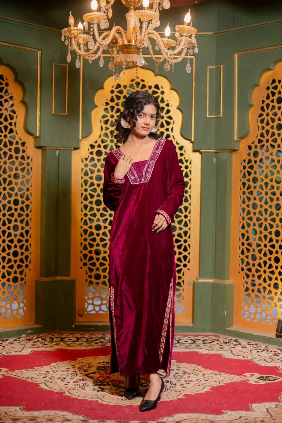 Mehrunisa – Maroon Velvet Kaftan Dress with Zari Lace Detailing