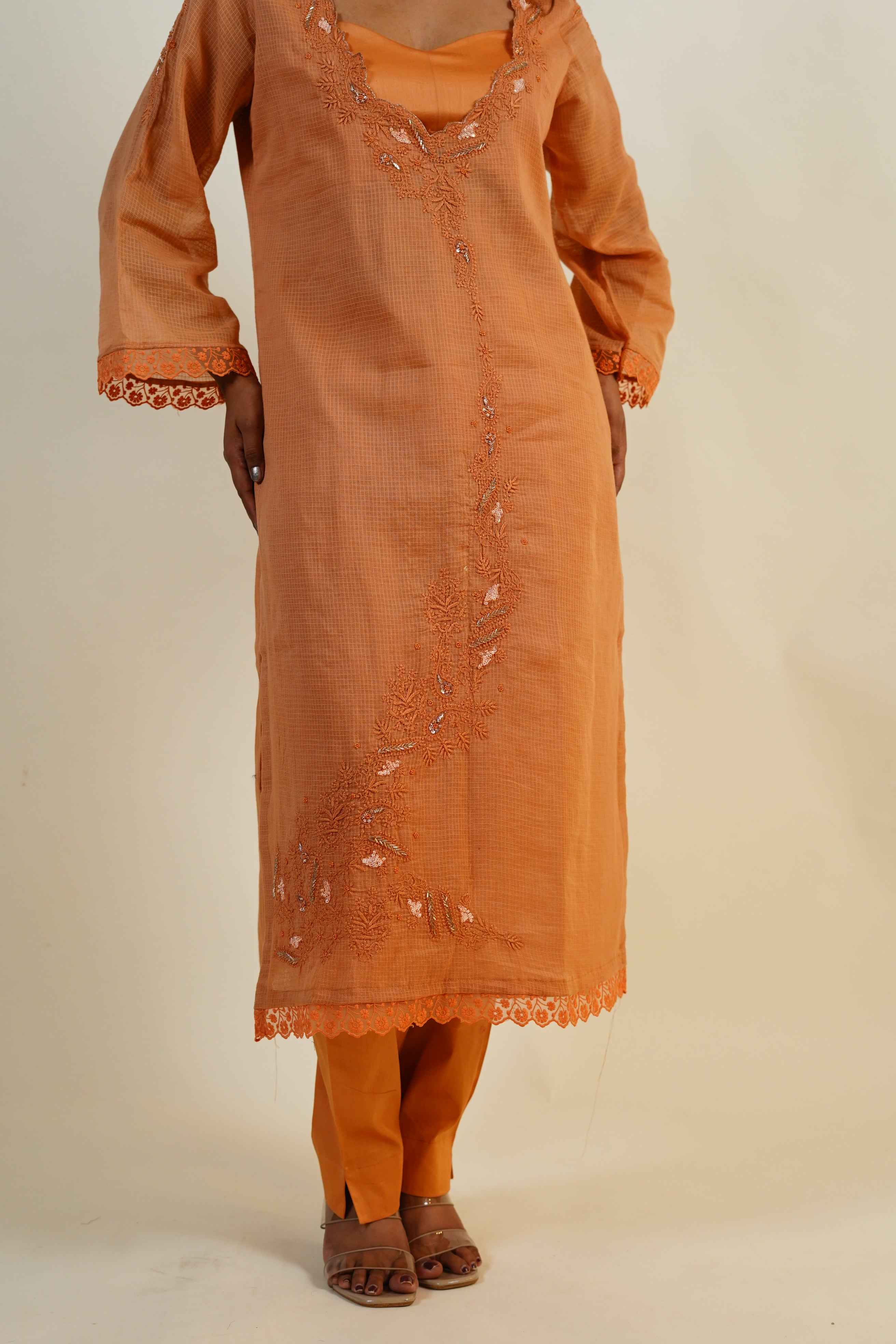 Kesari-Dusty Orange Hand-Embroidered chikankari & zardozi Kurta Set