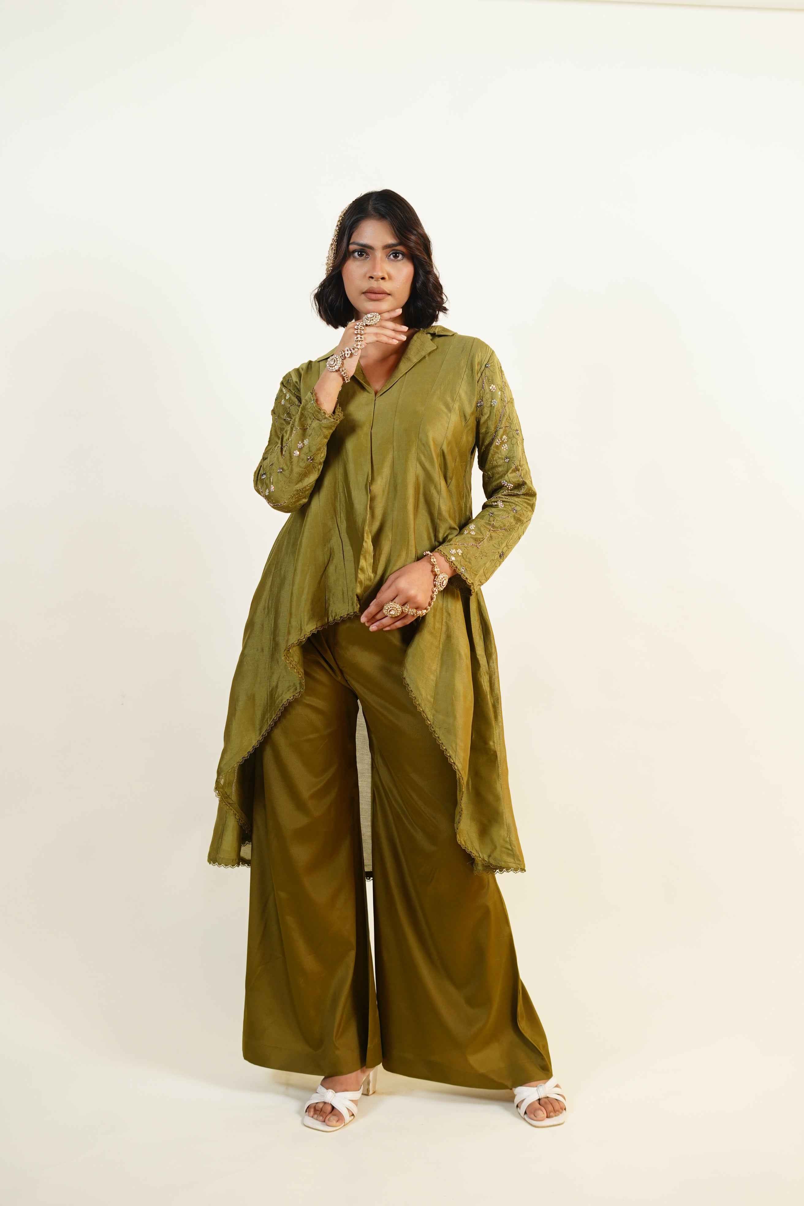 Hoor-Deep Olive green chikankari and zardozi handcraftrd caot collar asymmetrical palazzo set