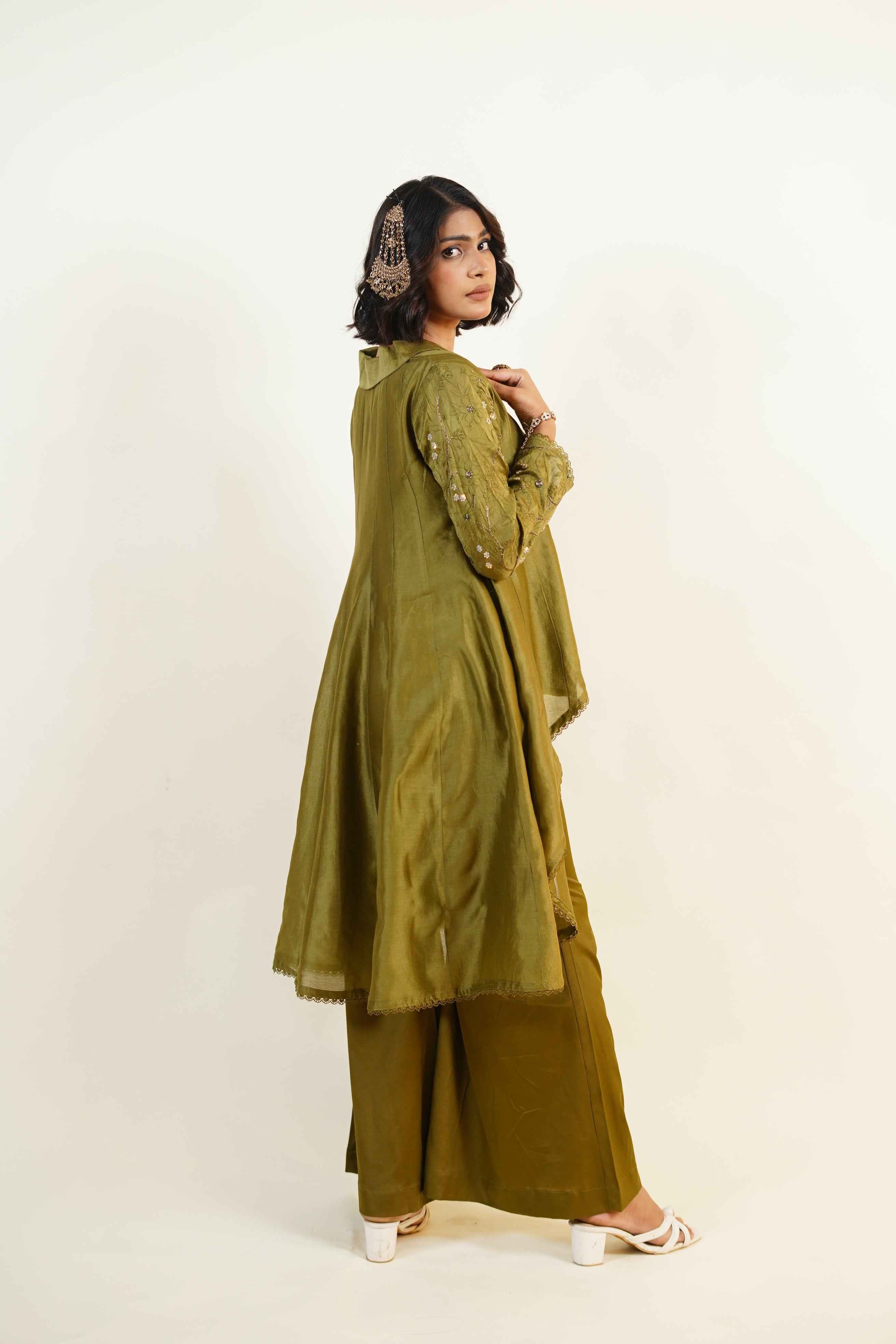 Hoor-Deep Olive green chikankari and zardozi handcraftrd caot collar asymmetrical palazzo set