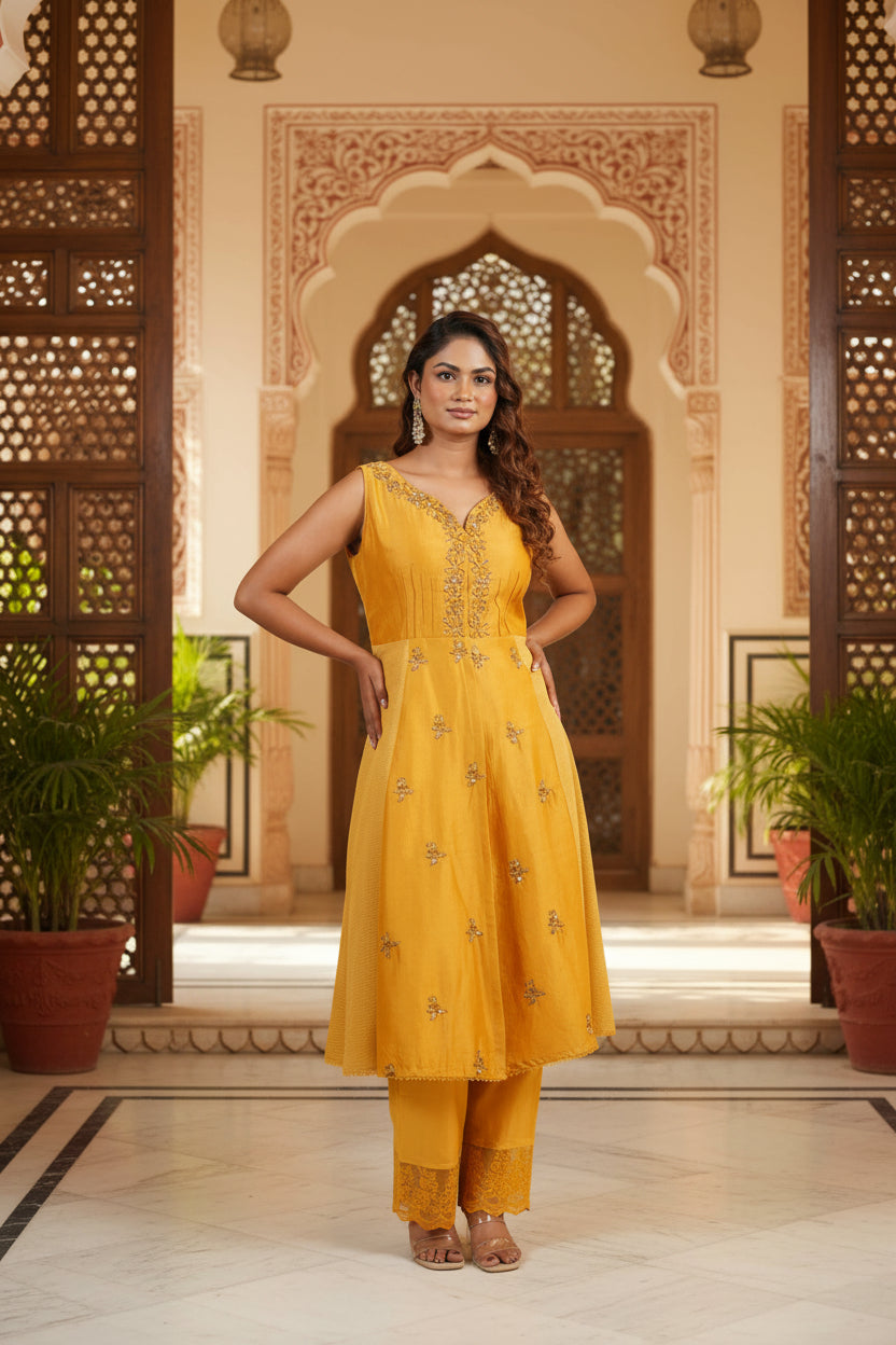 Roshni - Mustard Yellow Anarkali Style Kurta Set