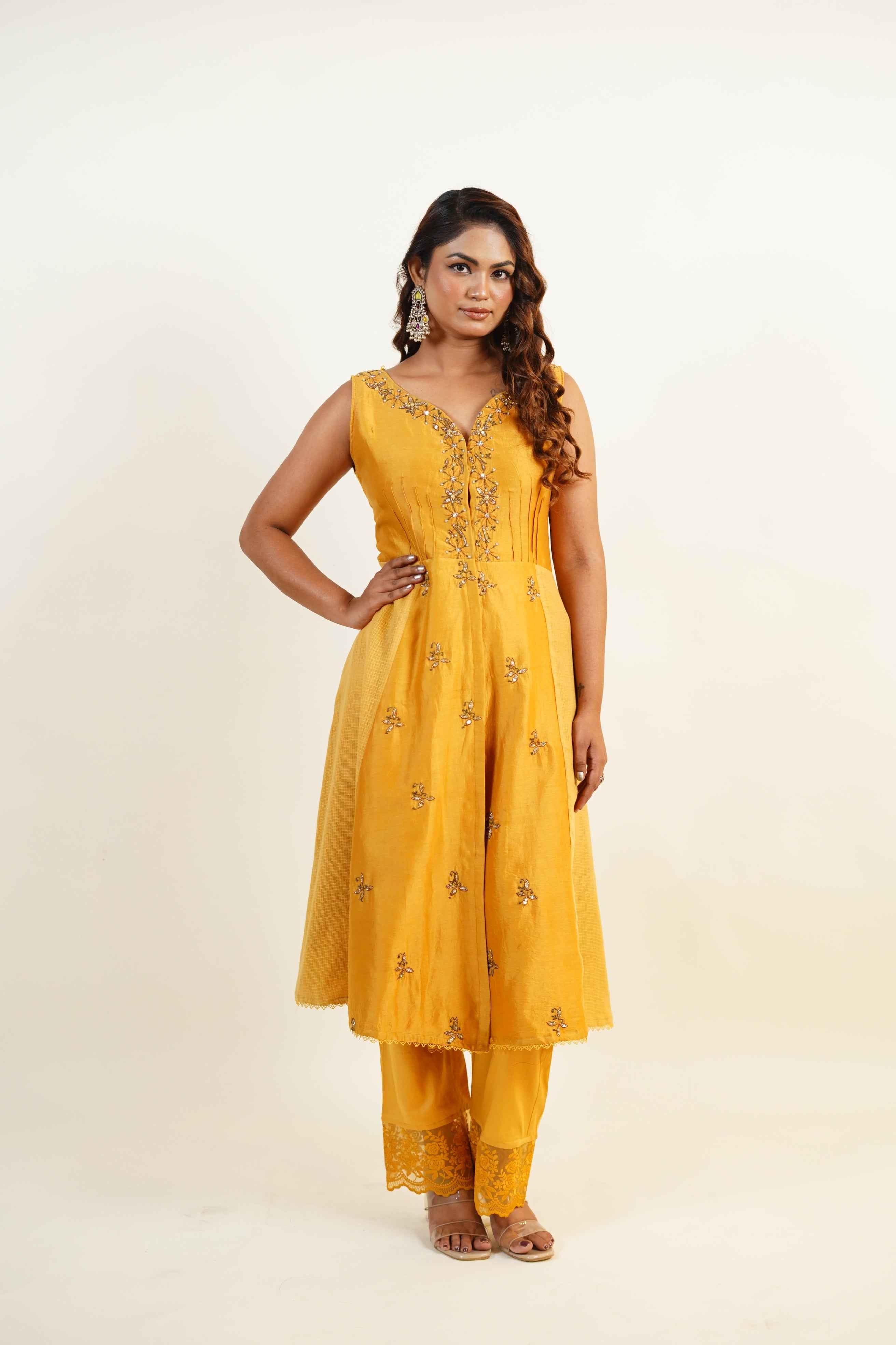 Roshni - Mustard Yellow Anarkali Style Kurta Set
