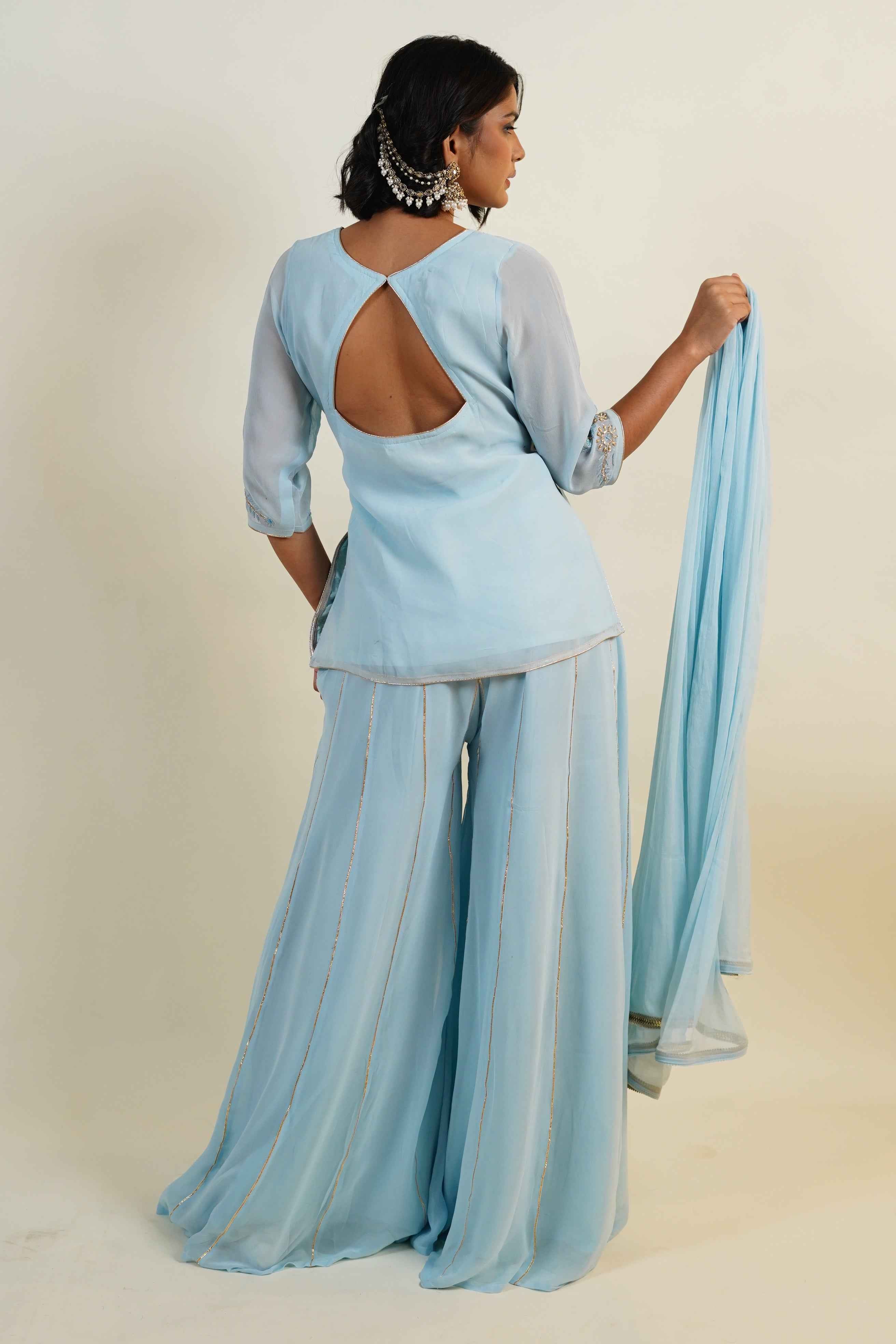 Nazm- Powder Blue Handcrafted Sharah Set Chikankari & Zardozi