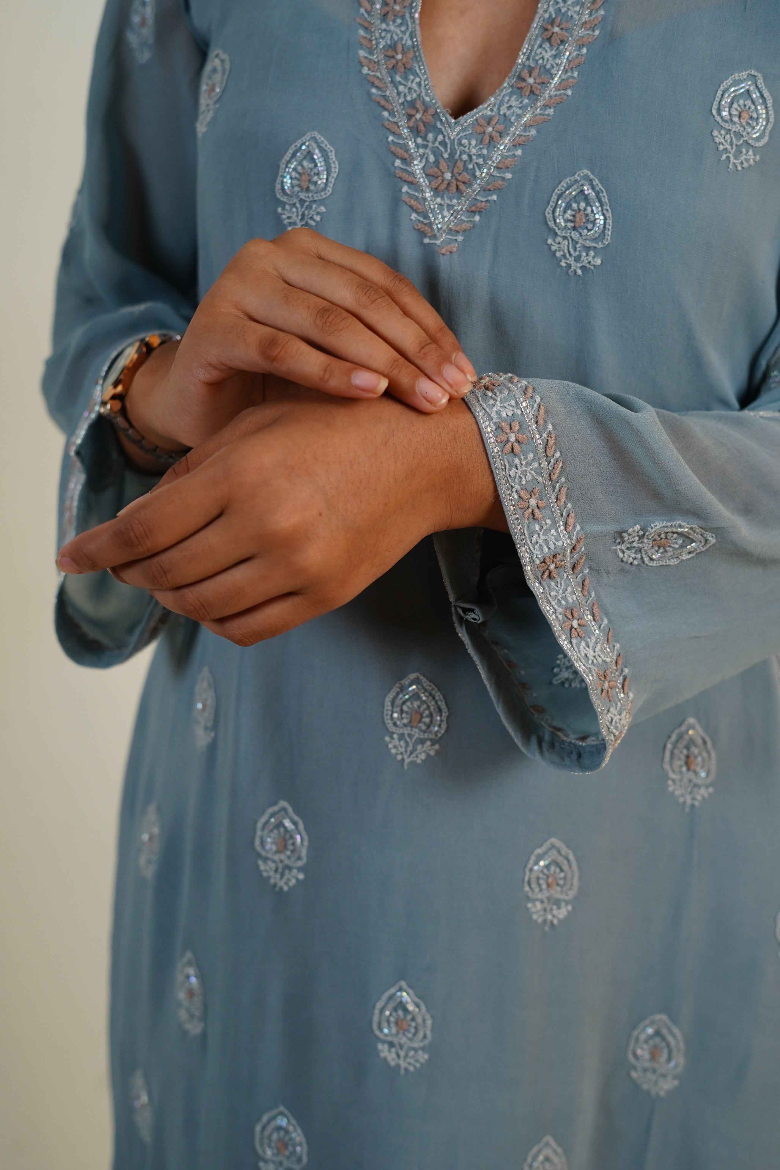 Maahira- Gray Chilkankari & Zardosi Kaftan Dress