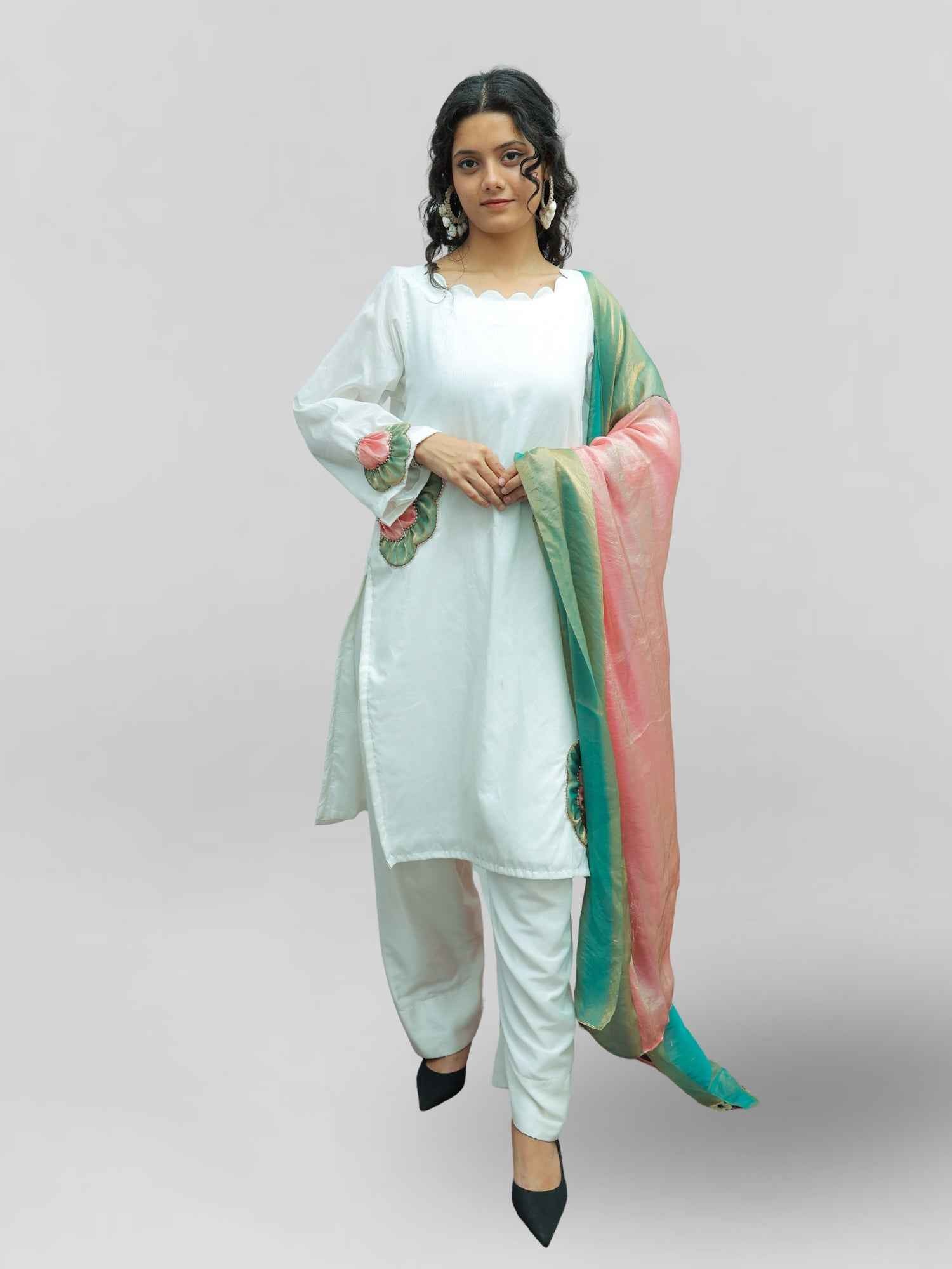 Luxury White Muslin Kurta Set with Handcrafted Zari Patch Work and Pink & Dusty Green Paper Silk Dupatta